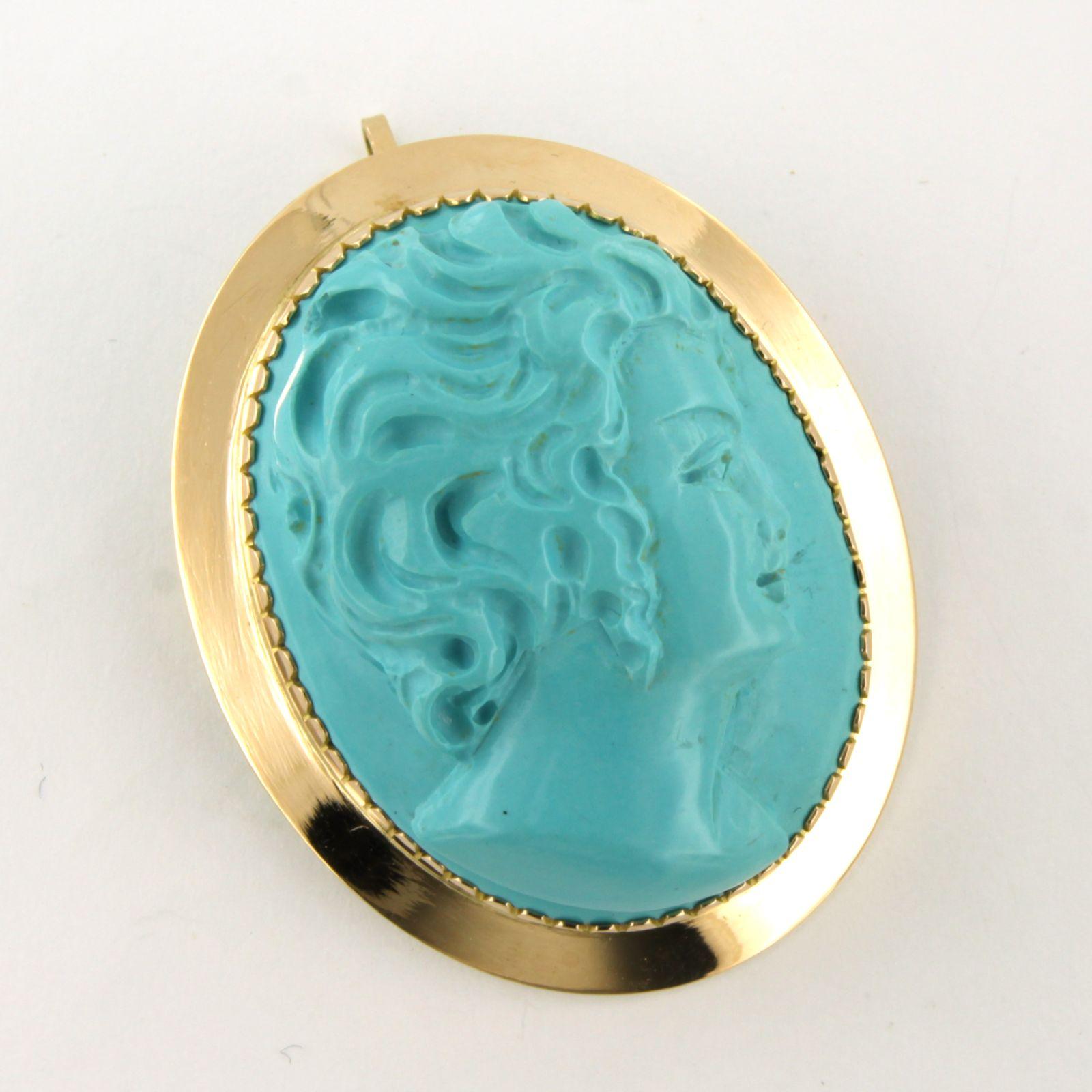 Oval Cut Victorian 14k gold brooch/pendant and turquoise cut in a woman's head 20.6 gram For Sale