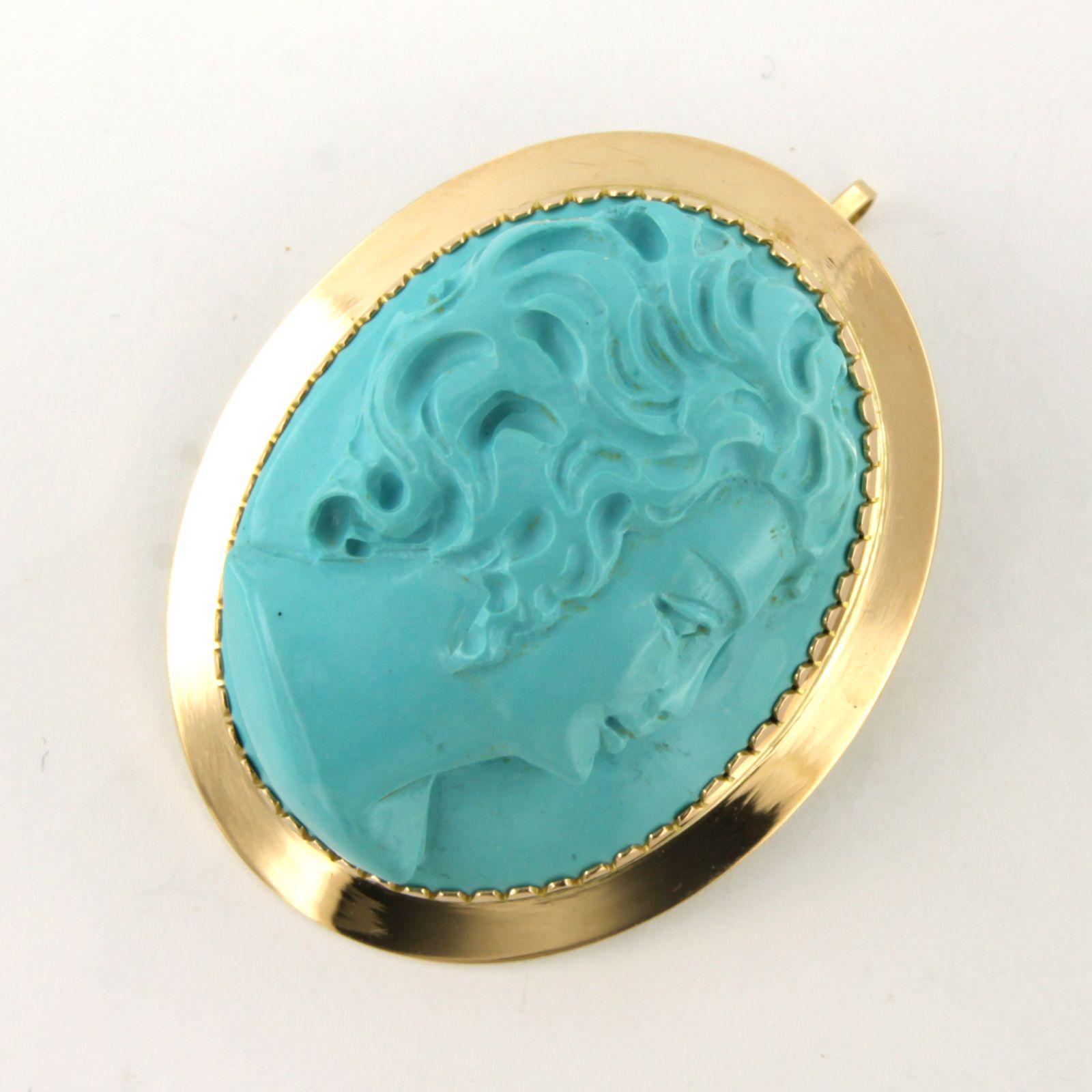 Victorian 14k gold brooch/pendant and turquoise cut in a woman's head 20.6 gram In Excellent Condition For Sale In The Hague, ZH