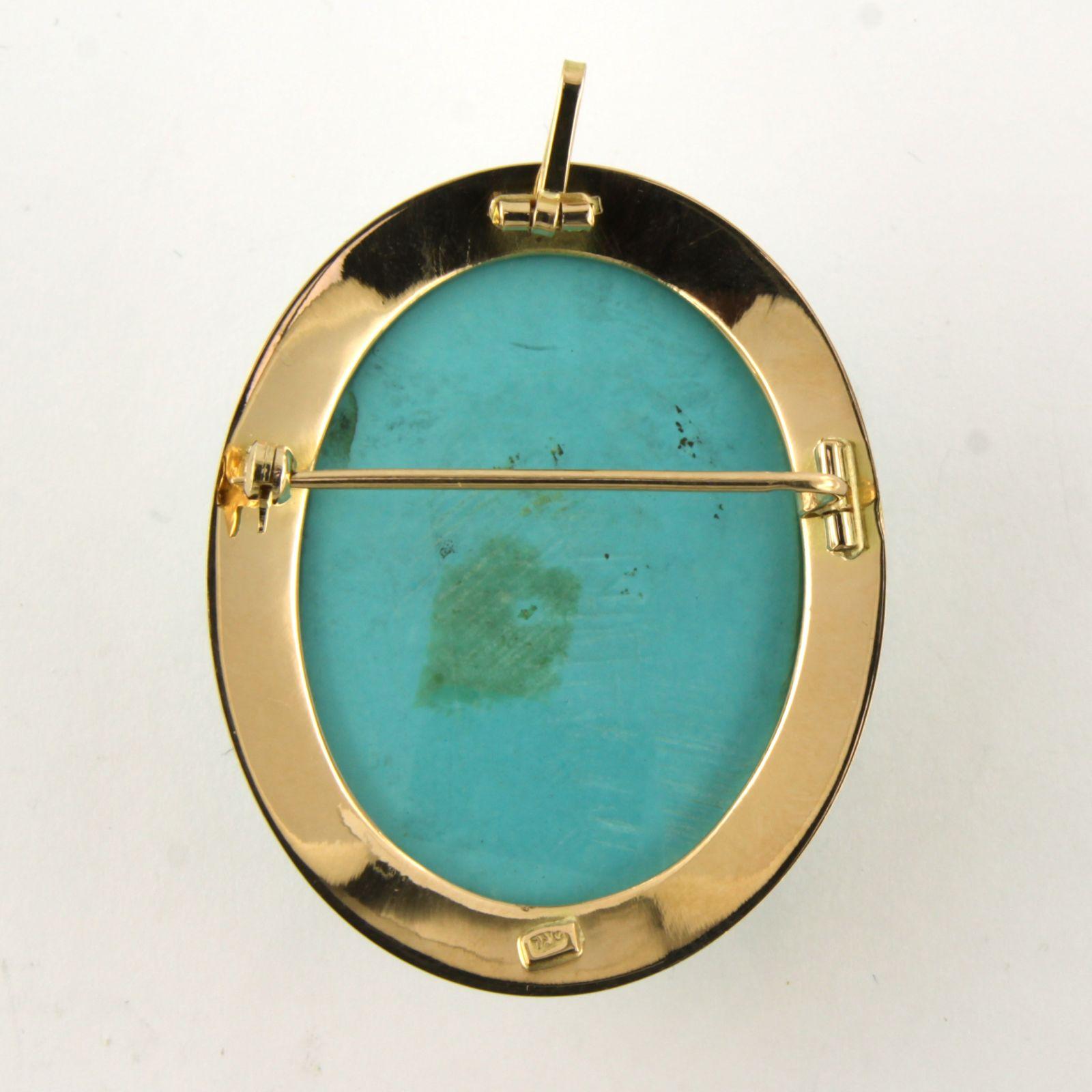 Victorian 14k gold brooch/pendant and turquoise cut in a woman's head 20.6 gram For Sale 1