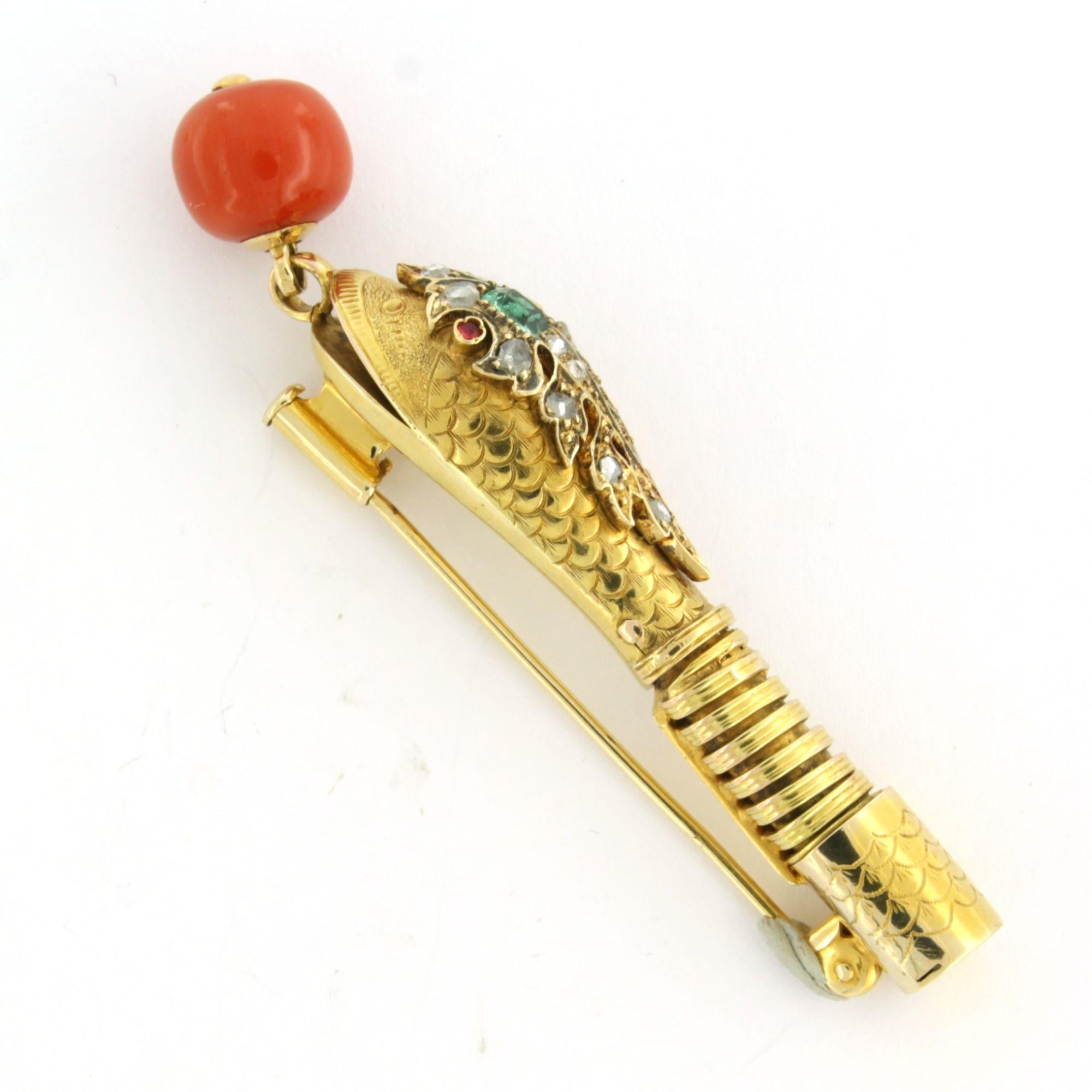High Victorian Victorian 14k gold brooch shape of a snake's head with coral, ruby, and diamonds For Sale