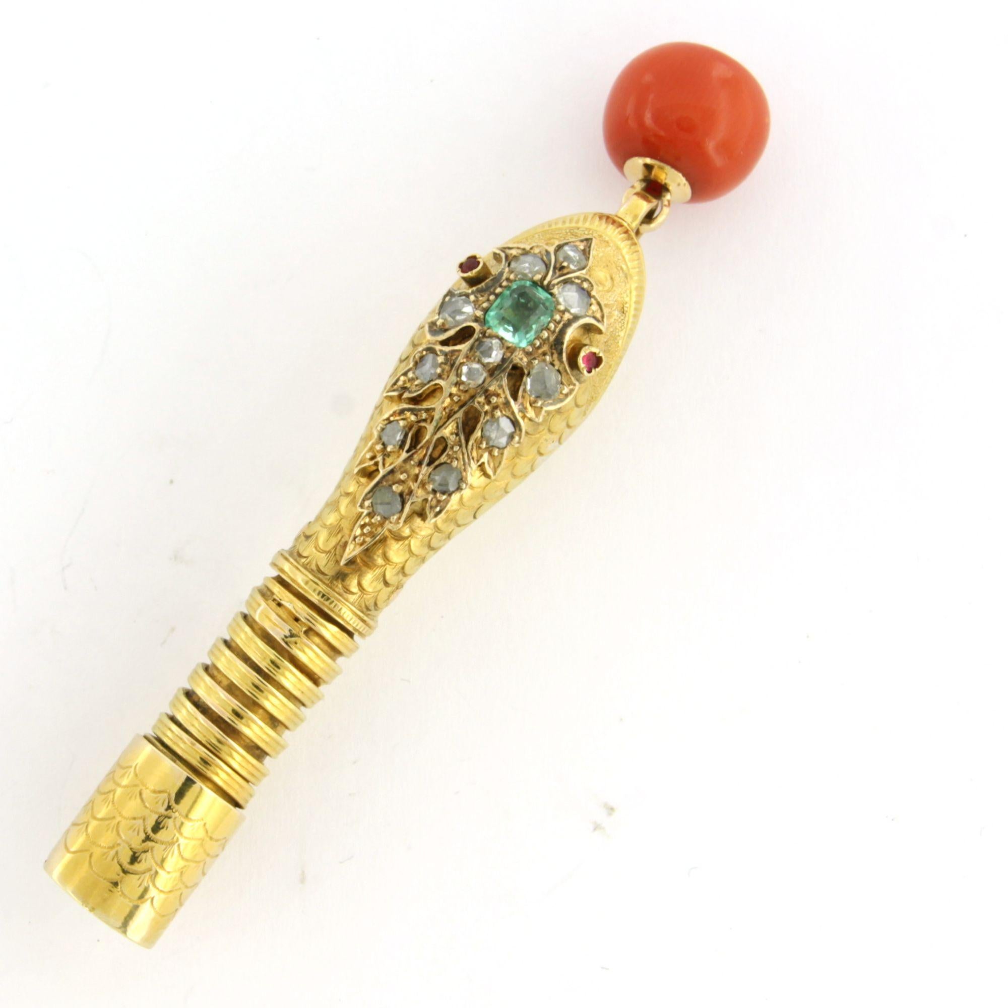 Rose Cut Victorian 14k gold brooch shape of a snake's head with coral, ruby, and diamonds For Sale