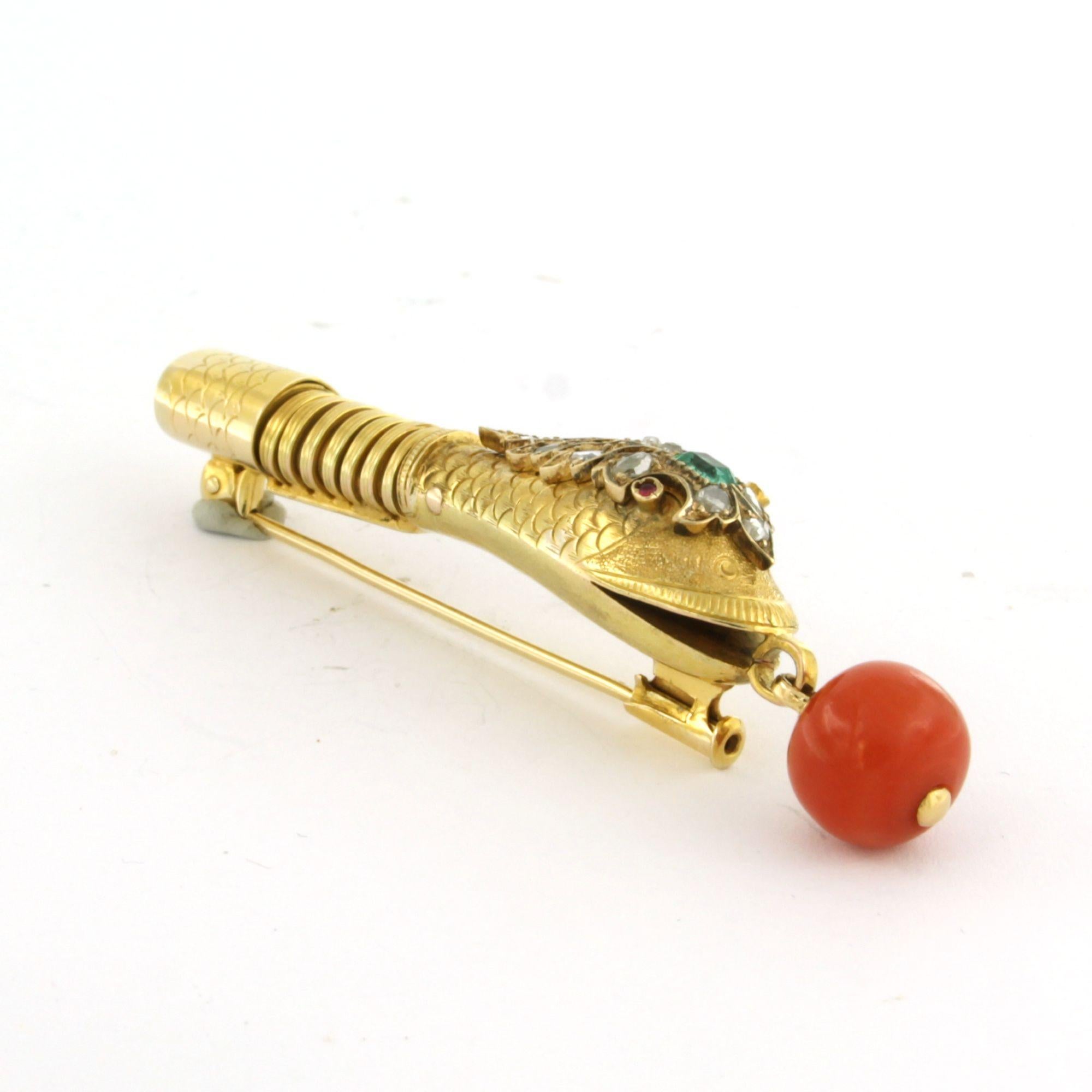 Women's Victorian 14k gold brooch shape of a snake's head with coral, ruby, and diamonds For Sale