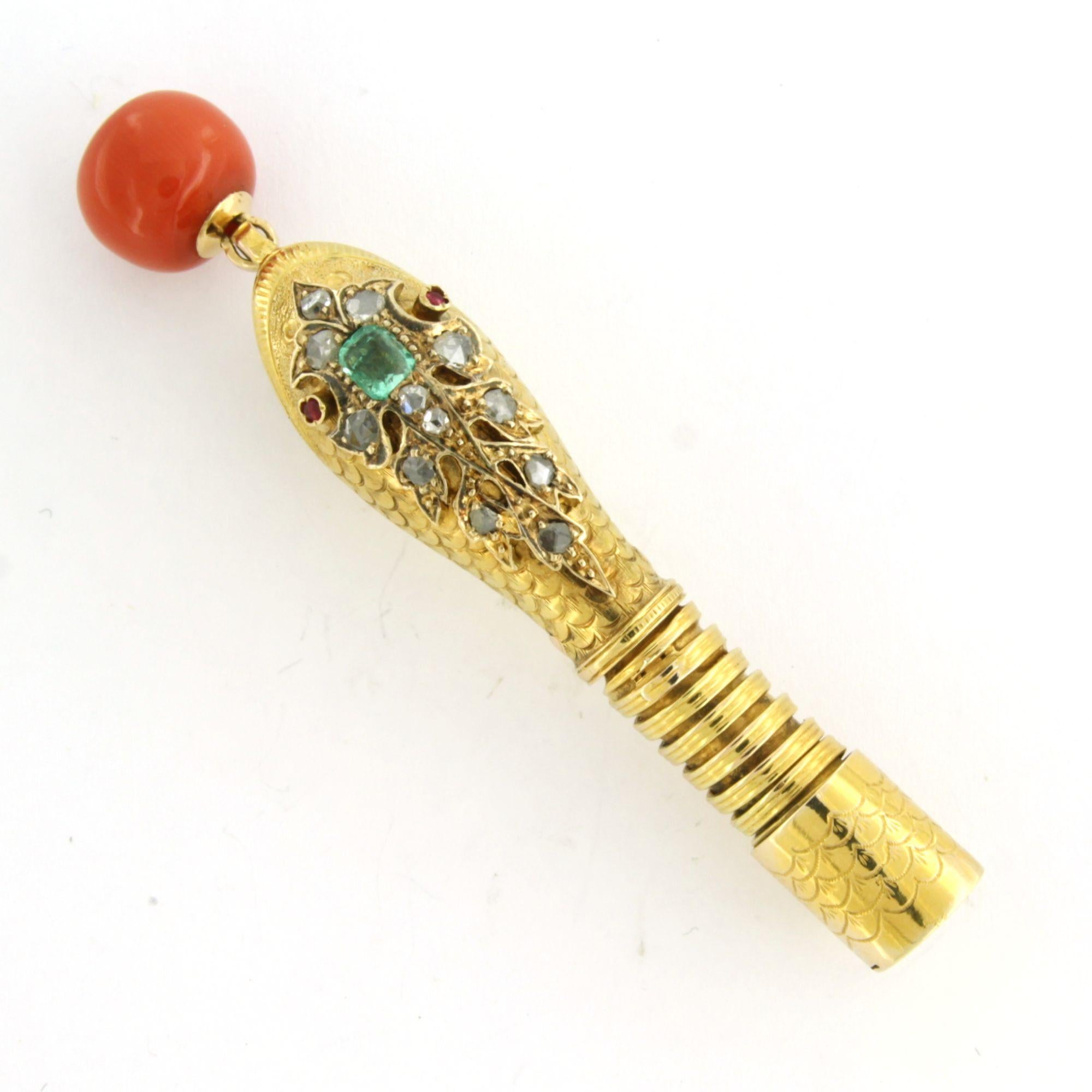 Victorian 14k gold brooch shape of a snake's head with coral, ruby, and diamonds For Sale 1