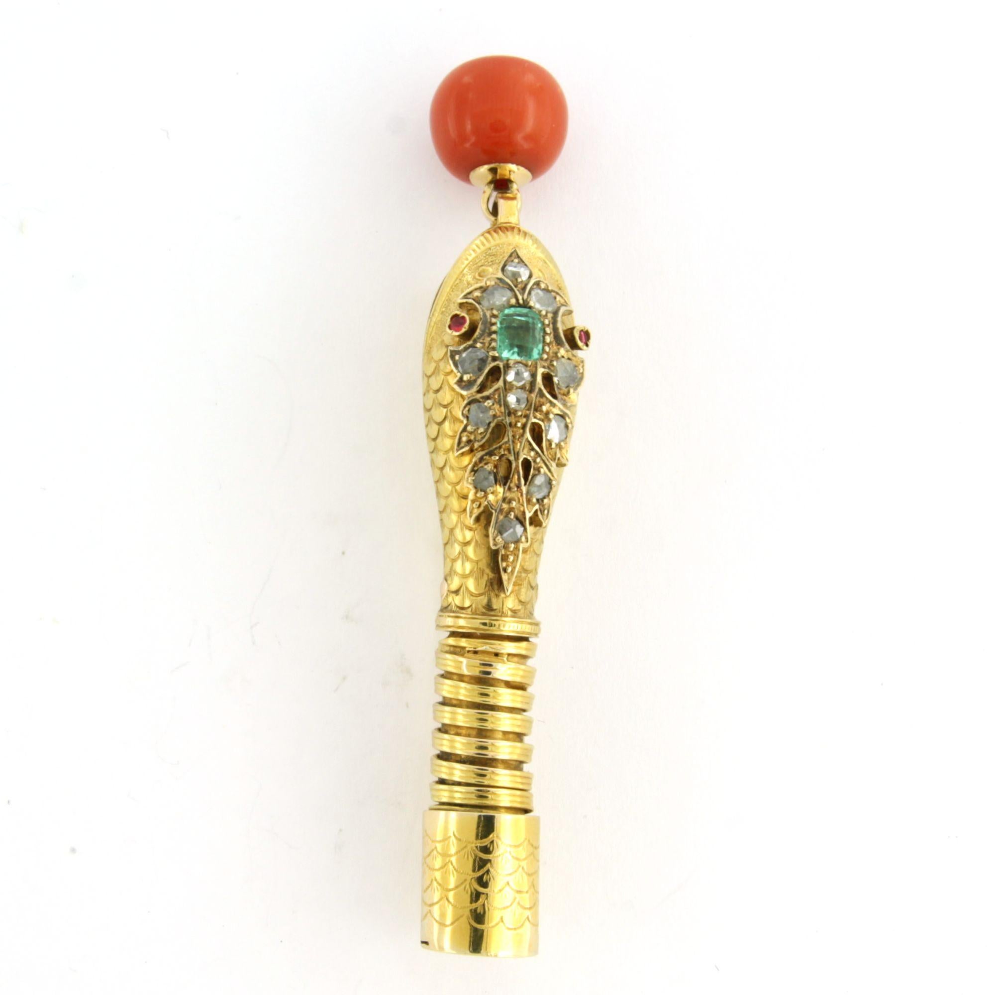 Victorian 14k gold brooch shape of a snake's head with coral, ruby, and diamonds For Sale 2