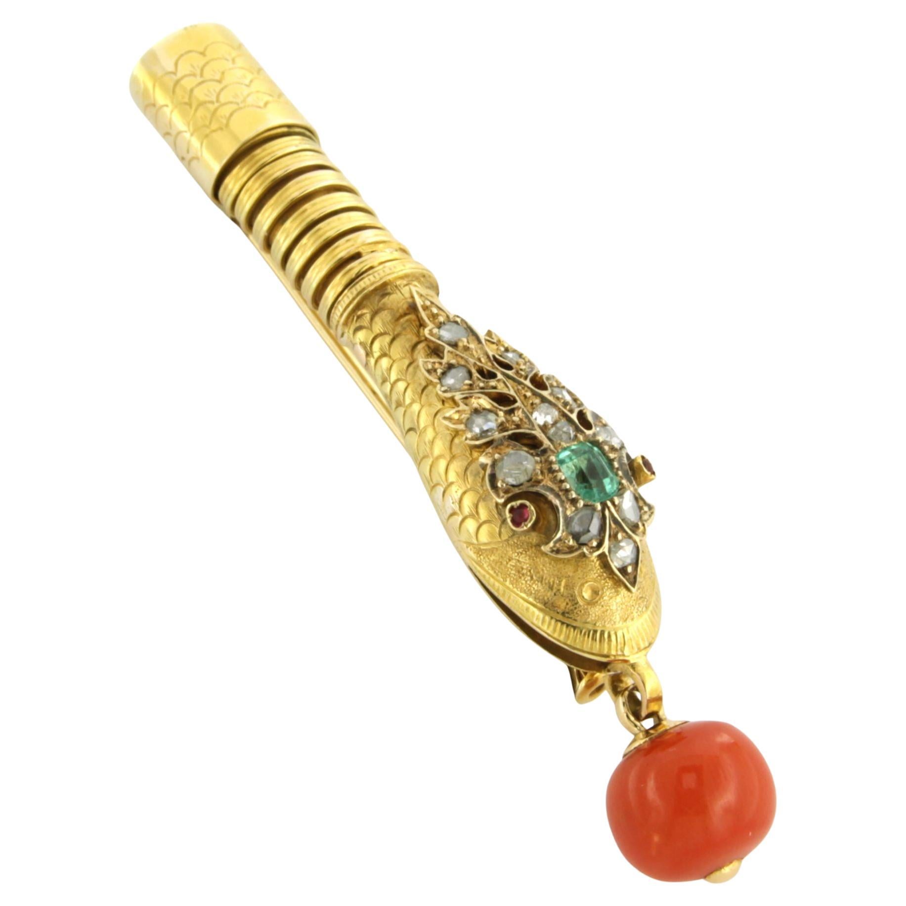 Victorian 14k gold brooch shape of a snake's head with coral, ruby, and diamonds For Sale