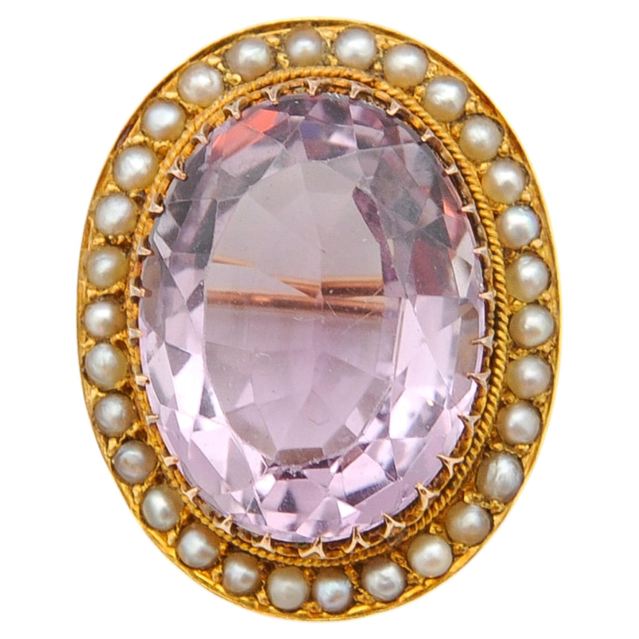 Victorian 14K Gold Brooch with Amethyst & Seed Pearls, Circa 1900