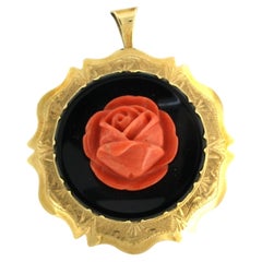 Victorian 14k Gold Coral Onyx Brooch Pendant, 1870, Netherlands