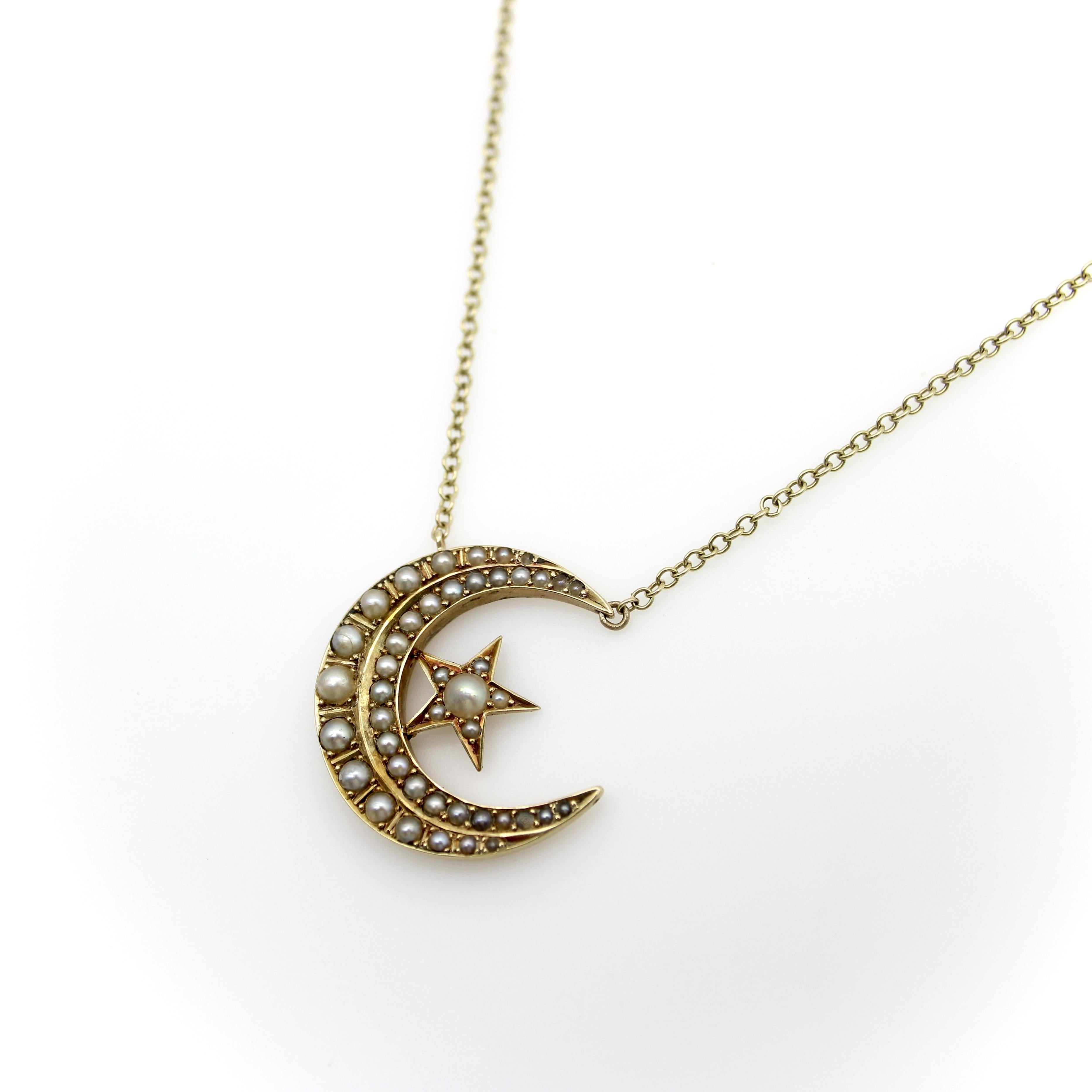 Round Cut Victorian 14K Gold Crescent Moon and Star Pendant with 9K Gold Chain For Sale