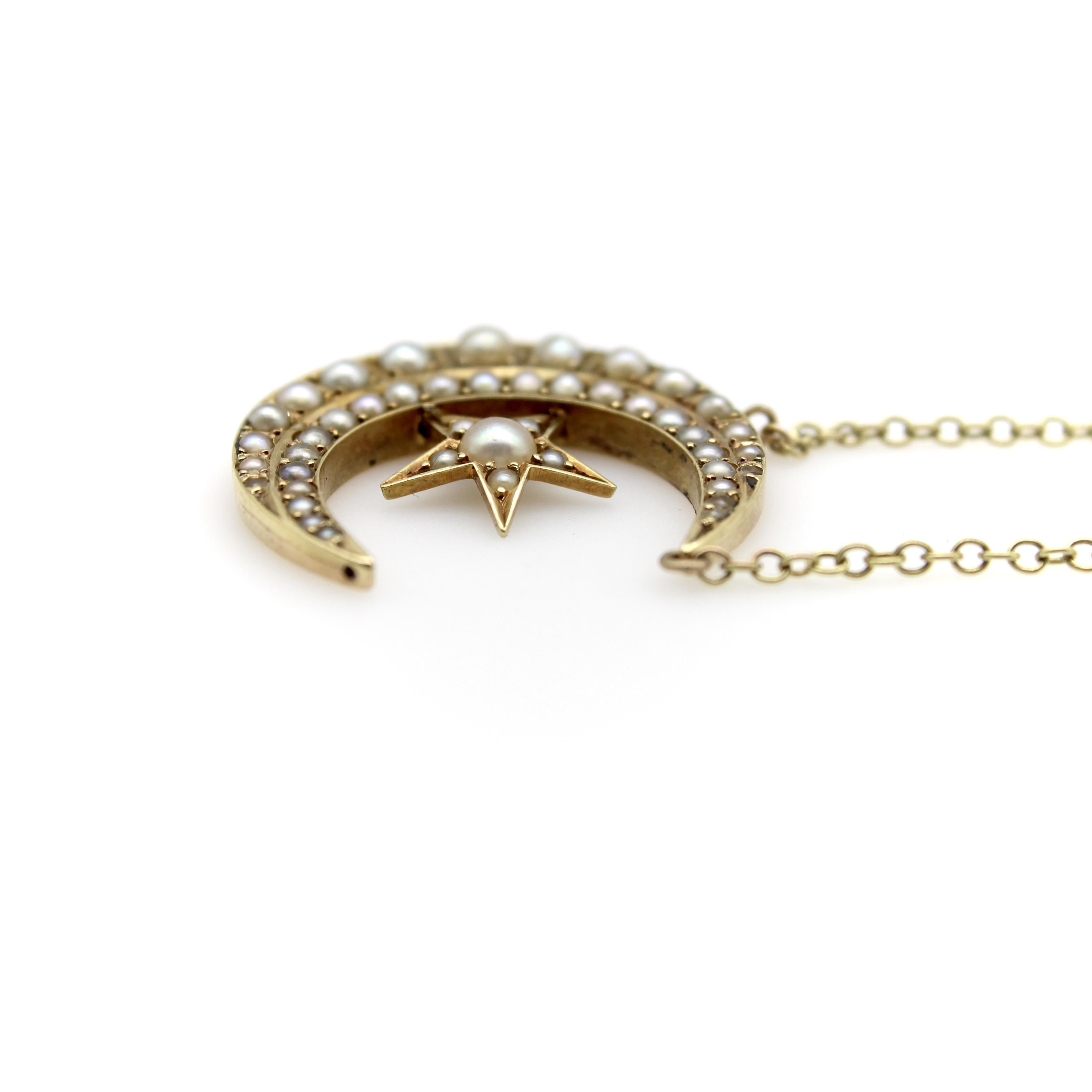Victorian 14K Gold Crescent Moon and Star Pendant with 9K Gold Chain In Good Condition For Sale In Venice, CA