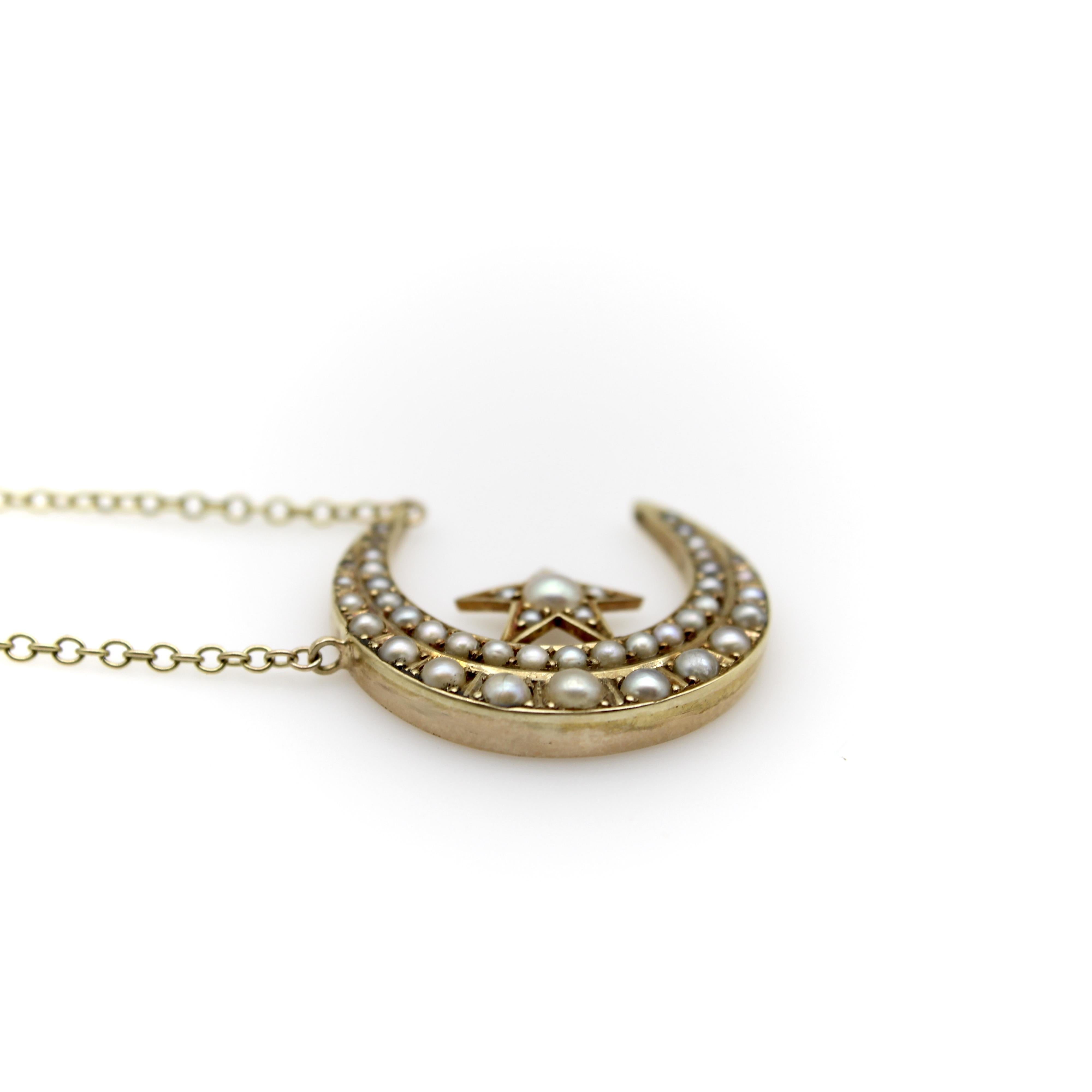 Women's or Men's Victorian 14K Gold Crescent Moon and Star Pendant with 9K Gold Chain For Sale