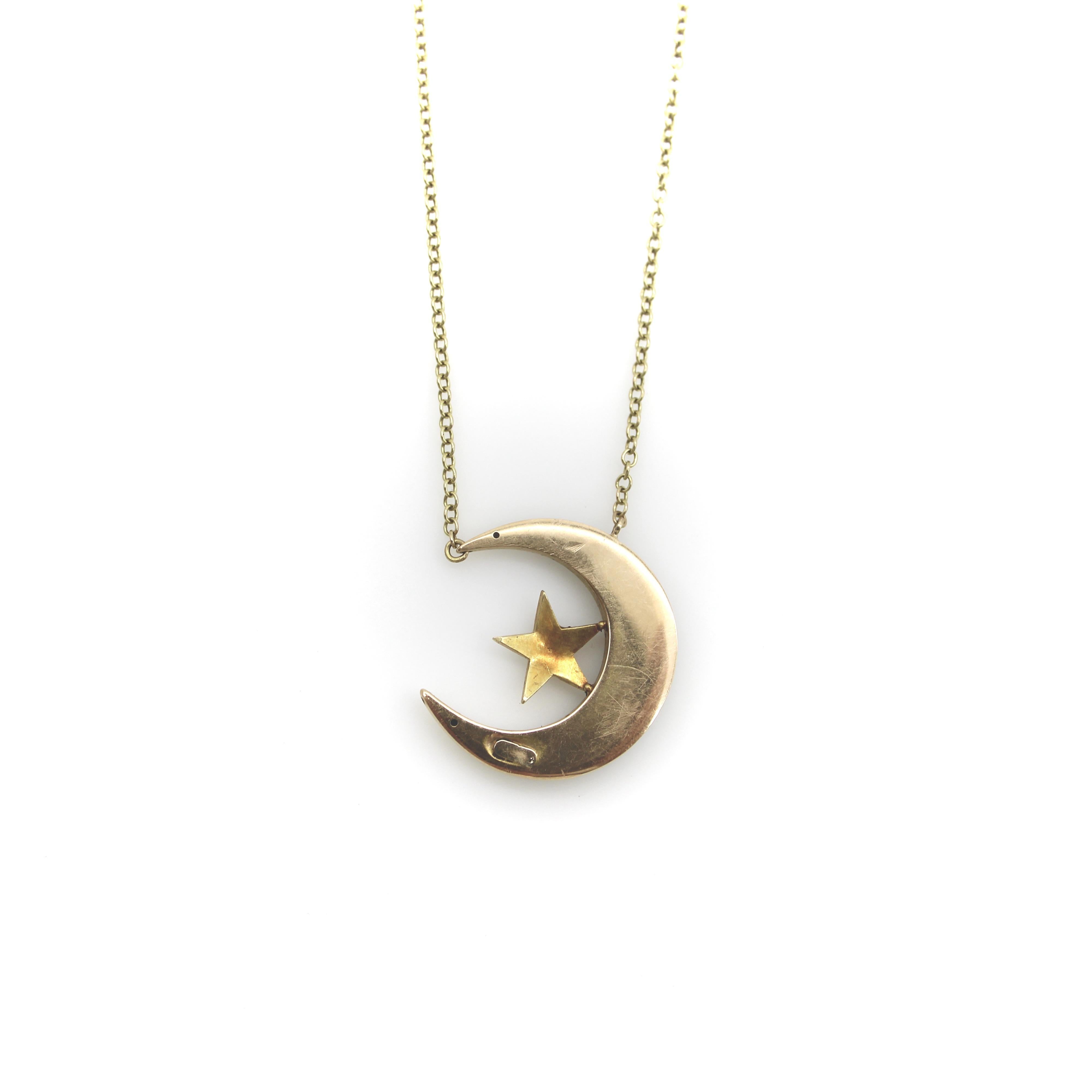 Victorian 14K Gold Crescent Moon and Star Pendant with 9K Gold Chain For Sale 1