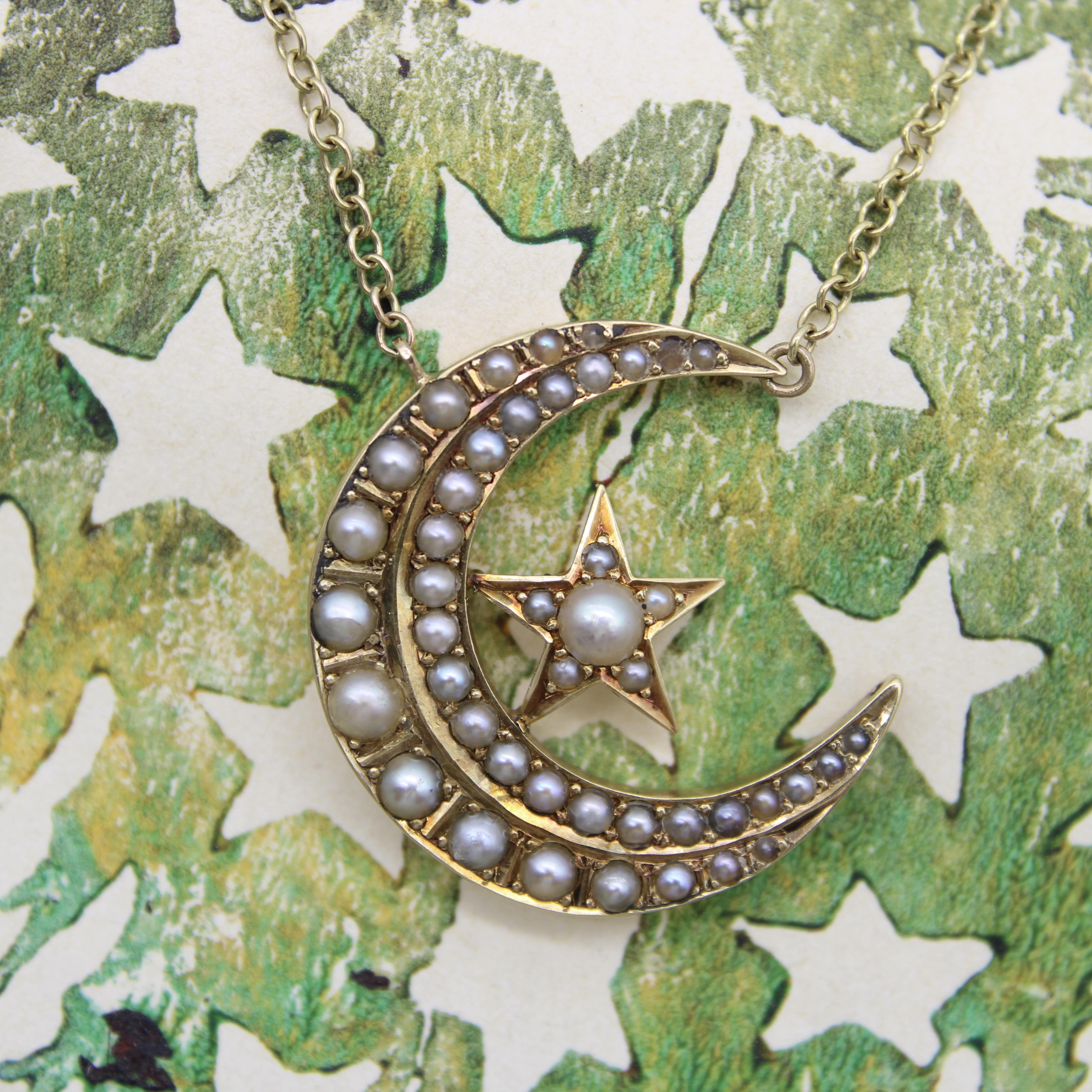 Victorian 14K Gold Crescent Moon and Star Pendant with 9K Gold Chain For Sale 2