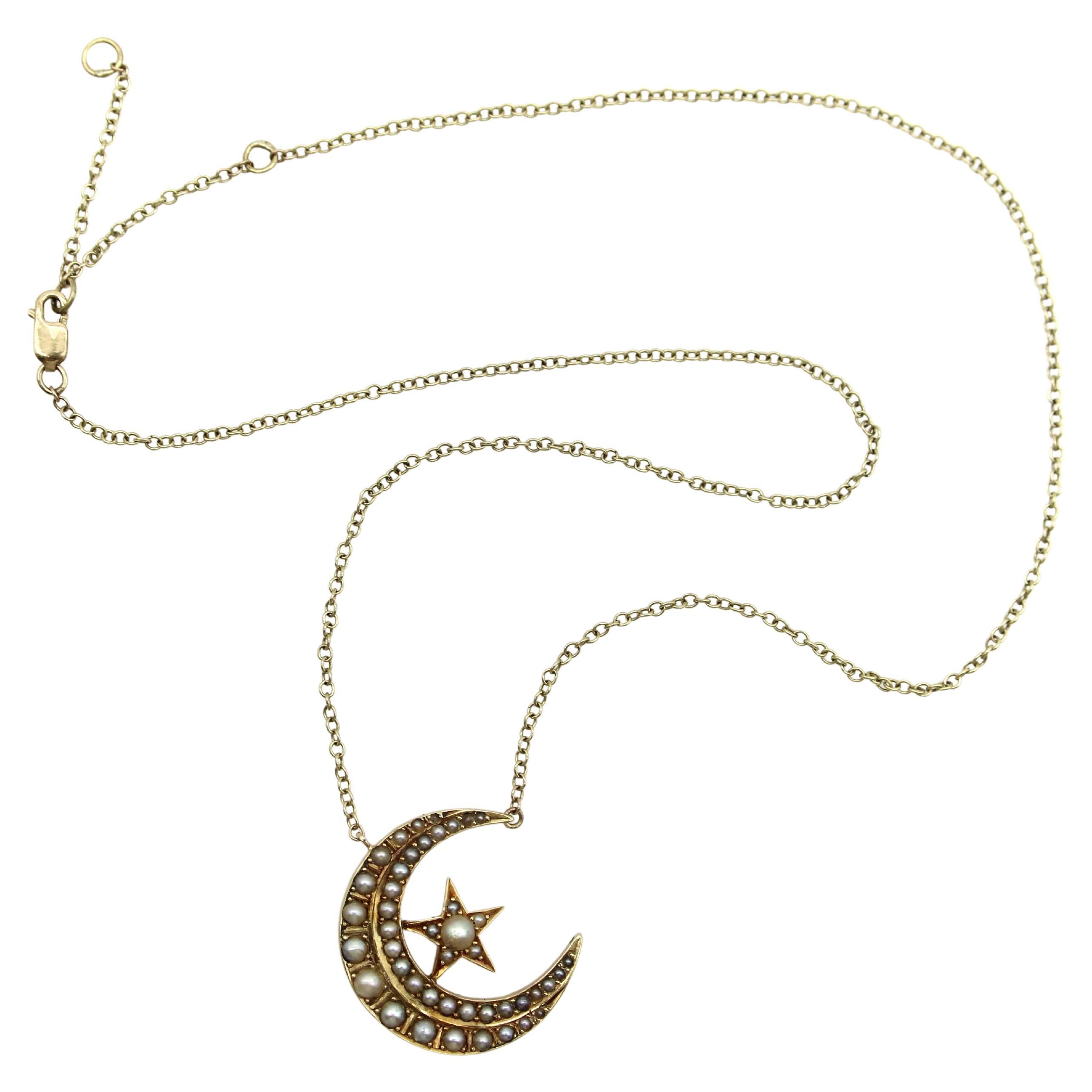 Victorian 14K Gold Crescent Moon and Star Pendant with 9K Gold Chain For Sale
