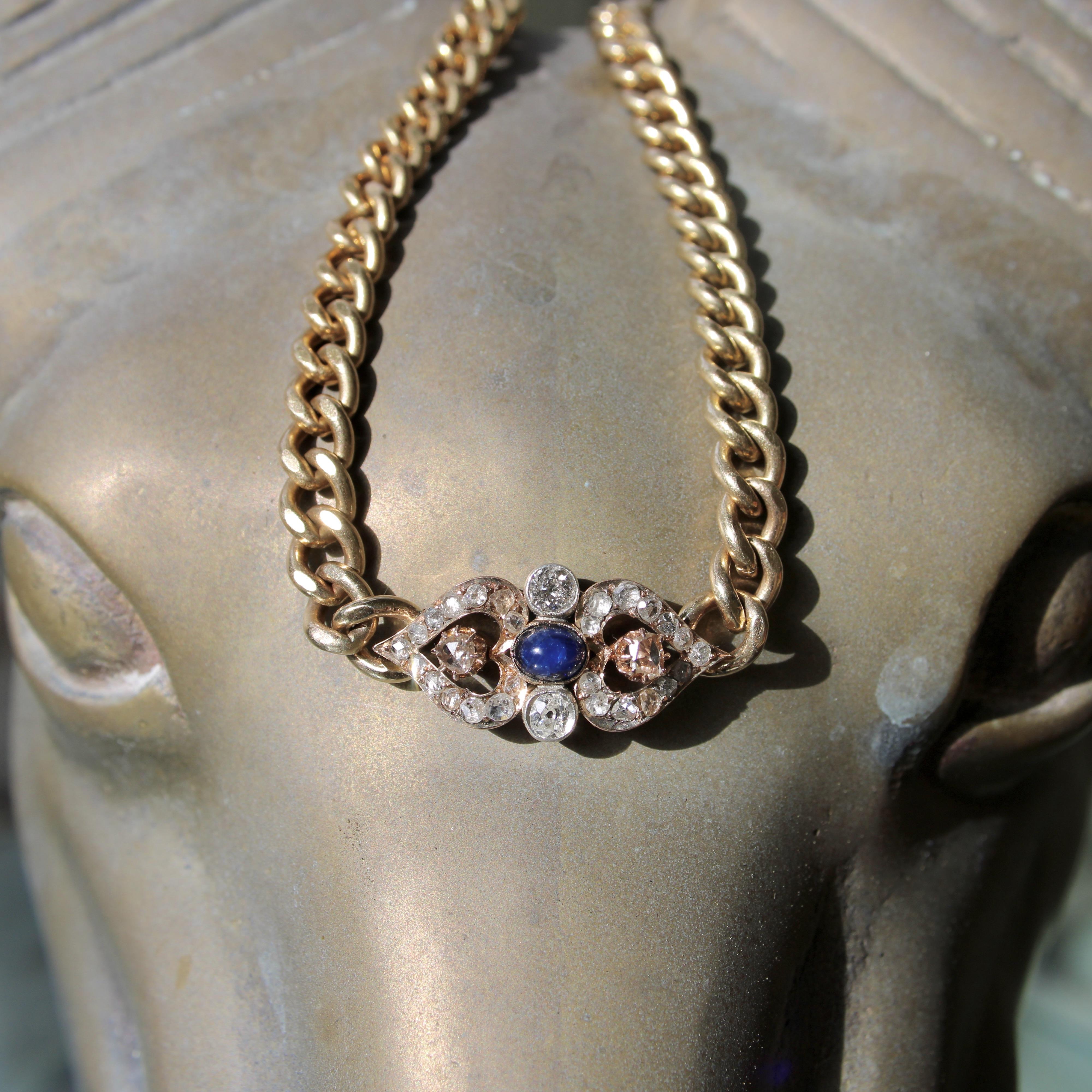 Collier victorien à maillons courbes en or 14 carats avec diamants et saphirs en vente 4