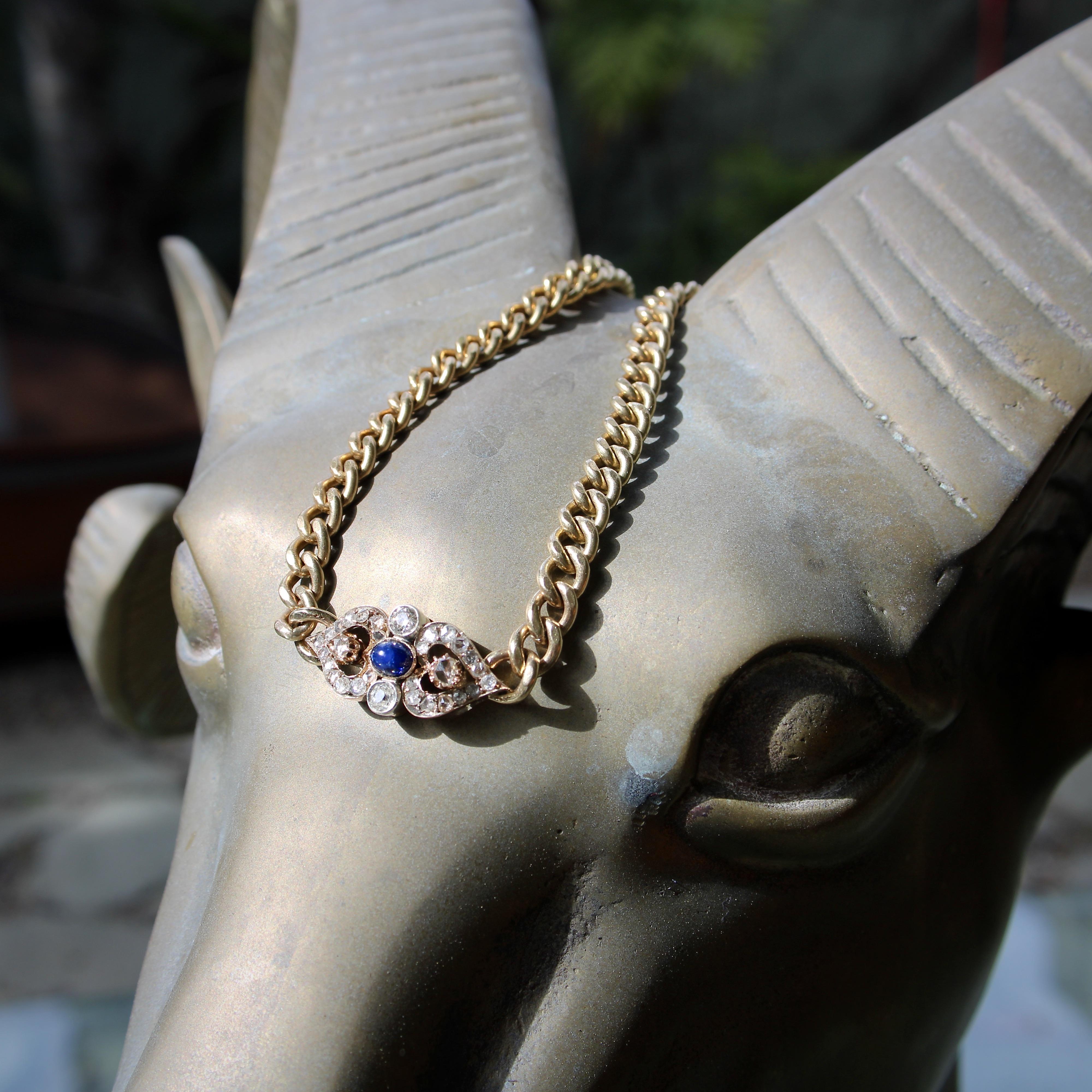 Collier victorien à maillons courbes en or 14 carats avec diamants et saphirs en vente 5