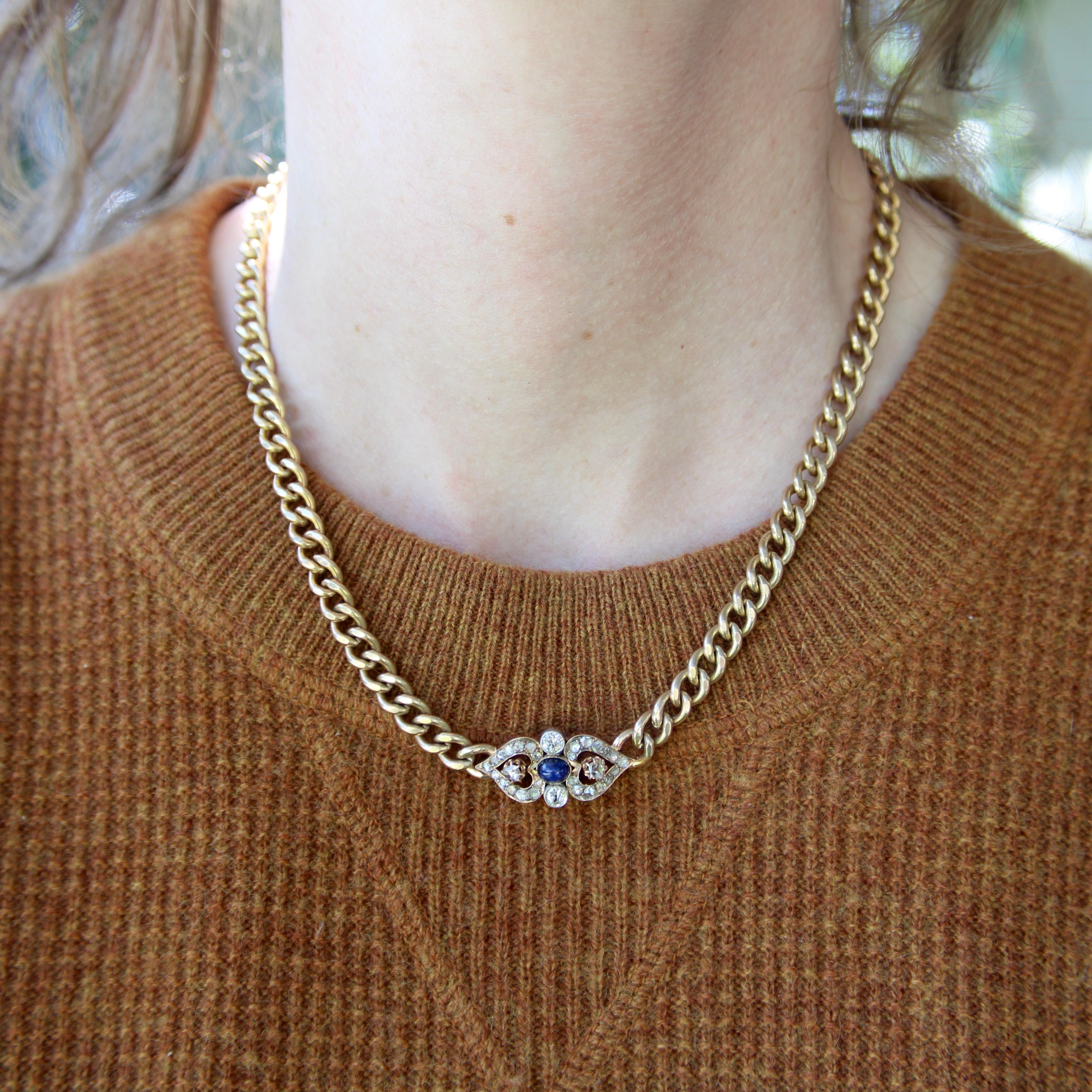 Collier victorien à maillons courbes en or 14 carats avec diamants et saphirs en vente 6