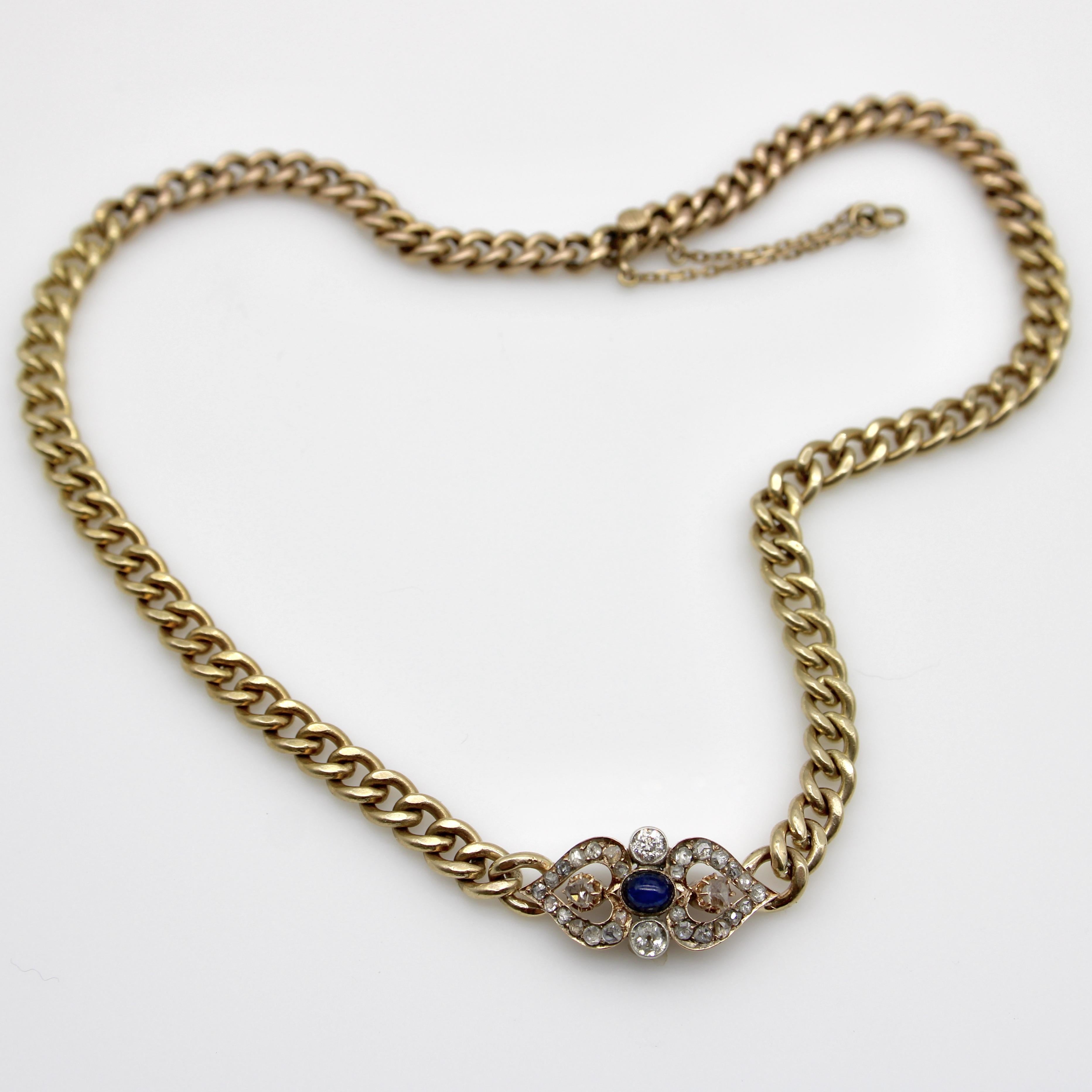 Taille cabochon Collier victorien à maillons courbes en or 14 carats avec diamants et saphirs en vente