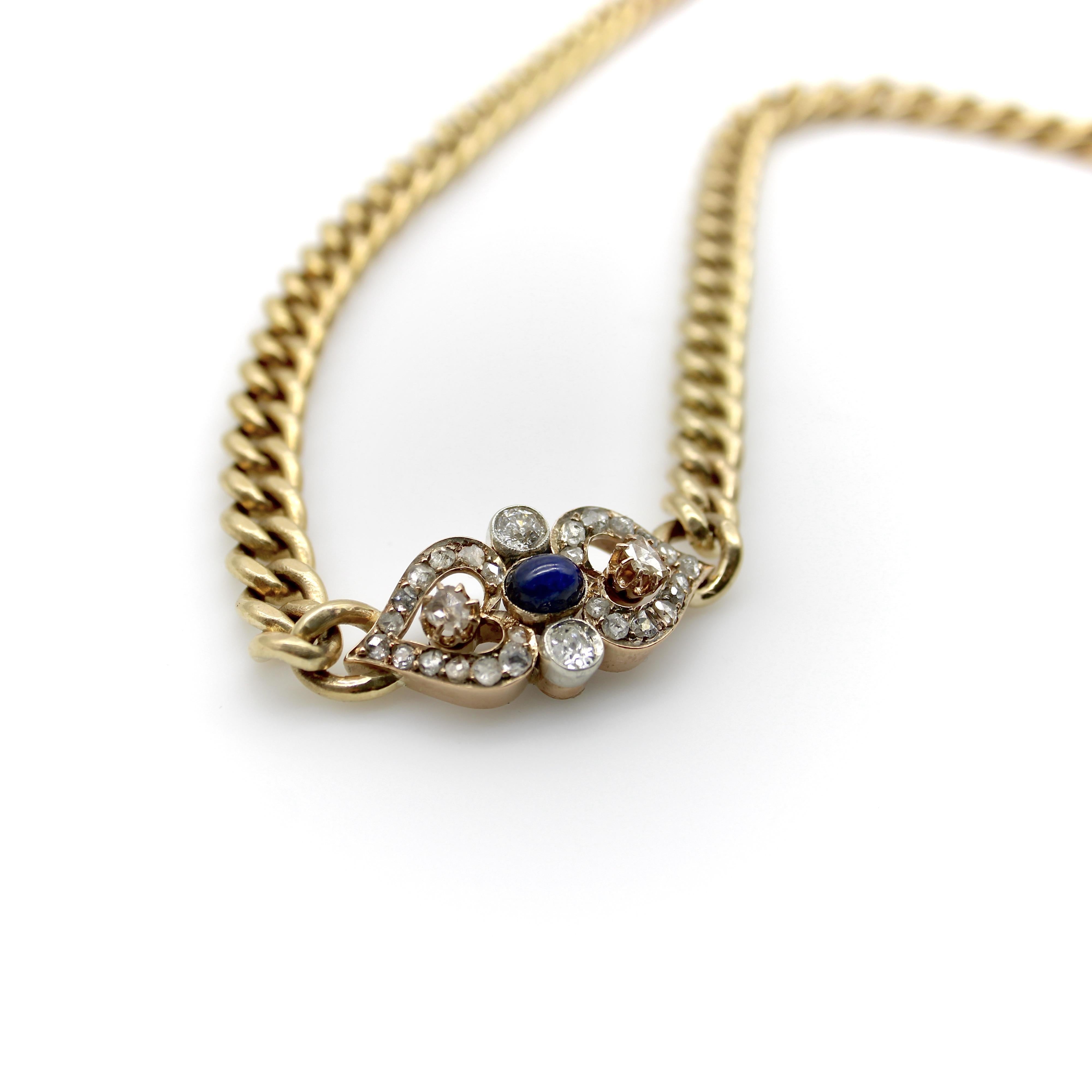 Collier victorien à maillons courbes en or 14 carats avec diamants et saphirs Bon état - En vente à Venice, CA