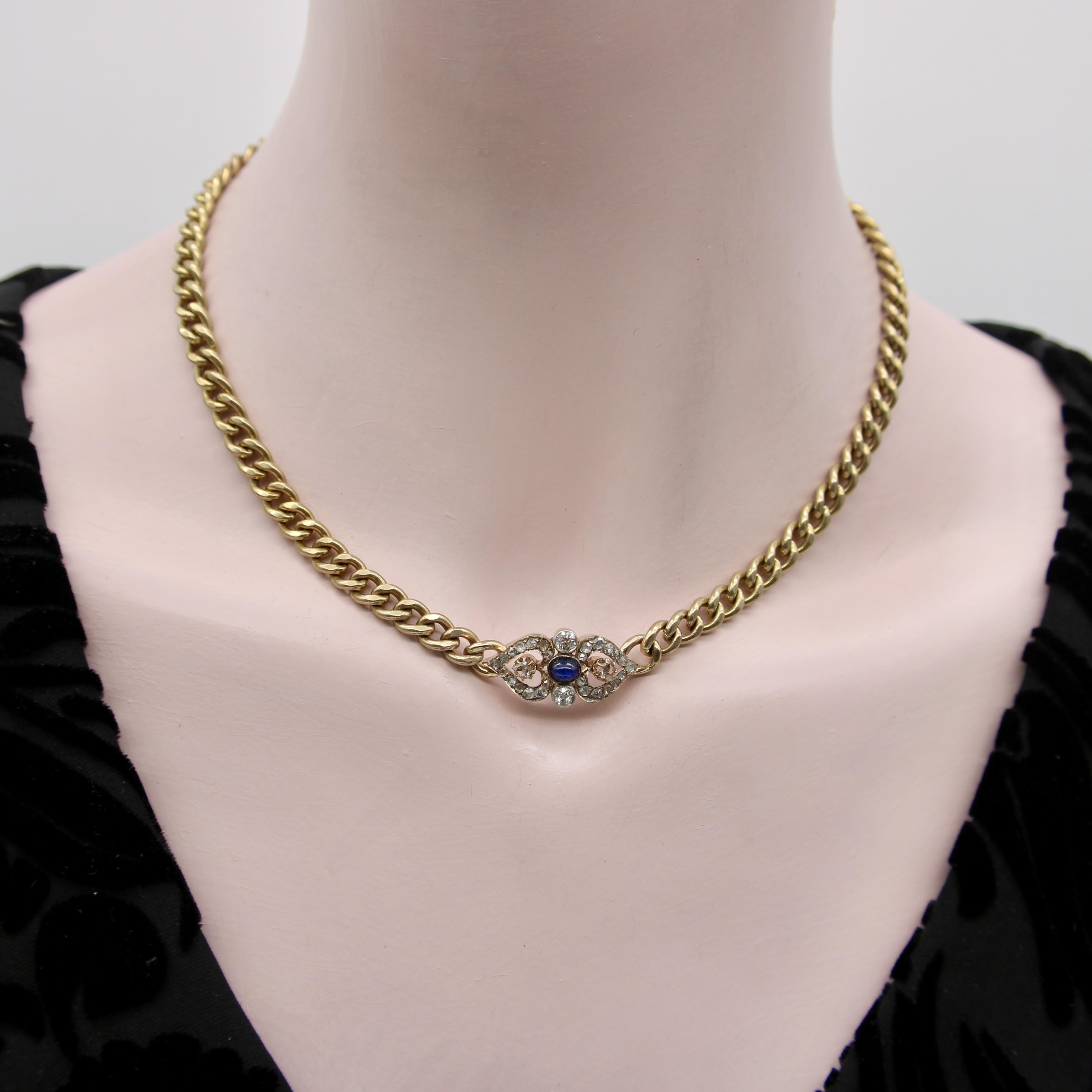 Collier victorien à maillons courbes en or 14 carats avec diamants et saphirs en vente 2