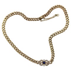 Antique Victorian 14K Gold Curb Link Diamond and Sapphire Necklace