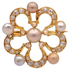 Victorian 14K Gold Diamond and Pearl Floral Brooch