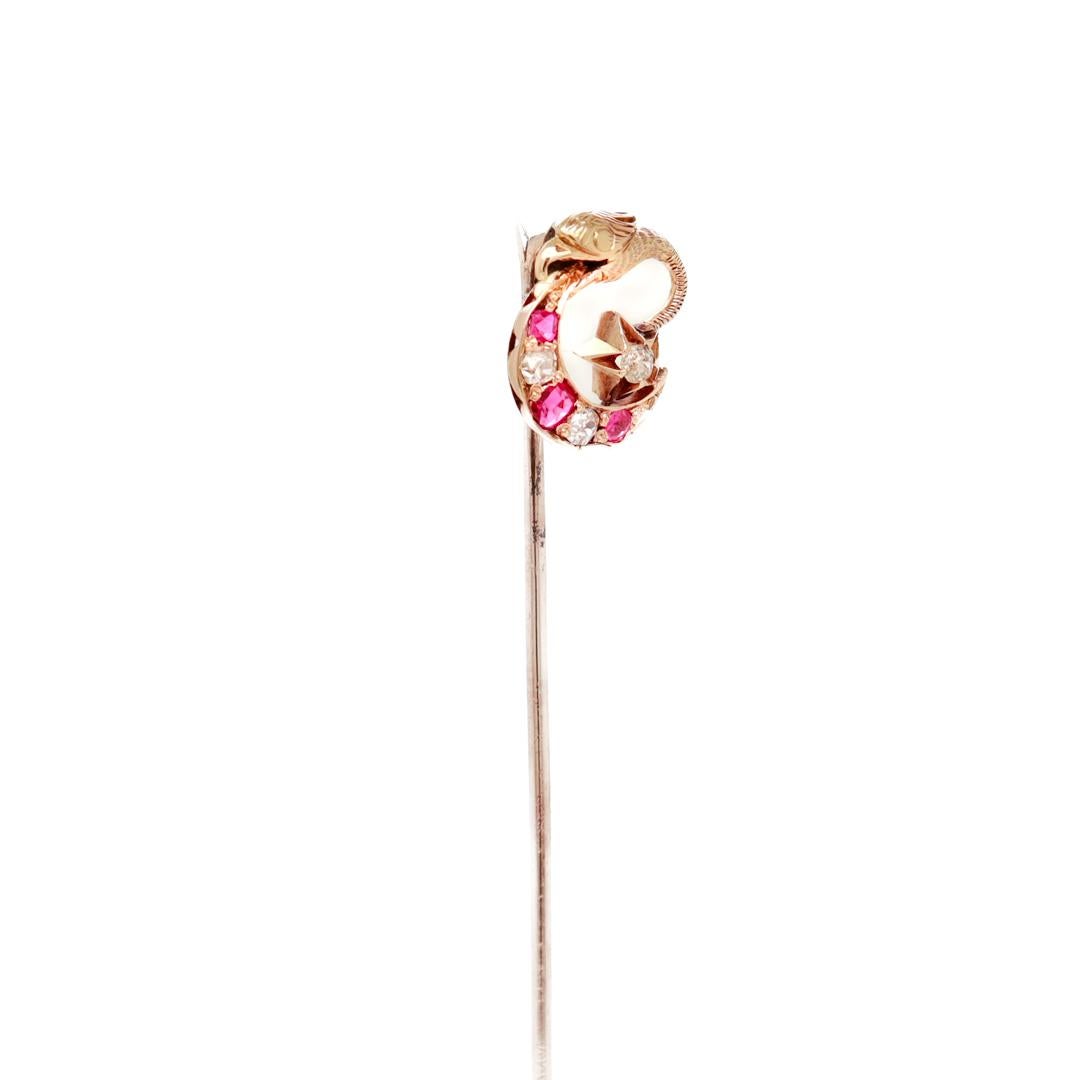 Victorian 14k Gold, Diamond, and Red Spinel Moon & Dragon Stickpin For Sale 5