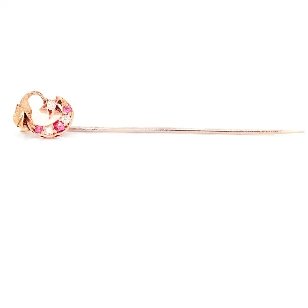 Victorian 14k Gold, Diamond, and Red Spinel Moon & Dragon Stickpin For Sale 6