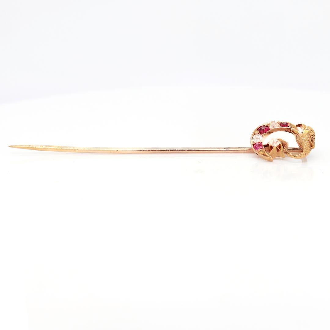 Victorian 14k Gold, Diamond, and Red Spinel Moon & Dragon Stickpin For Sale 9