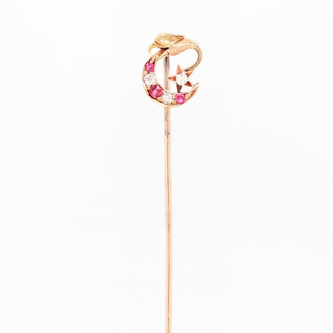 Victorian 14k Gold, Diamond, and Red Spinel Moon & Dragon Stickpin In Good Condition For Sale In Philadelphia, PA
