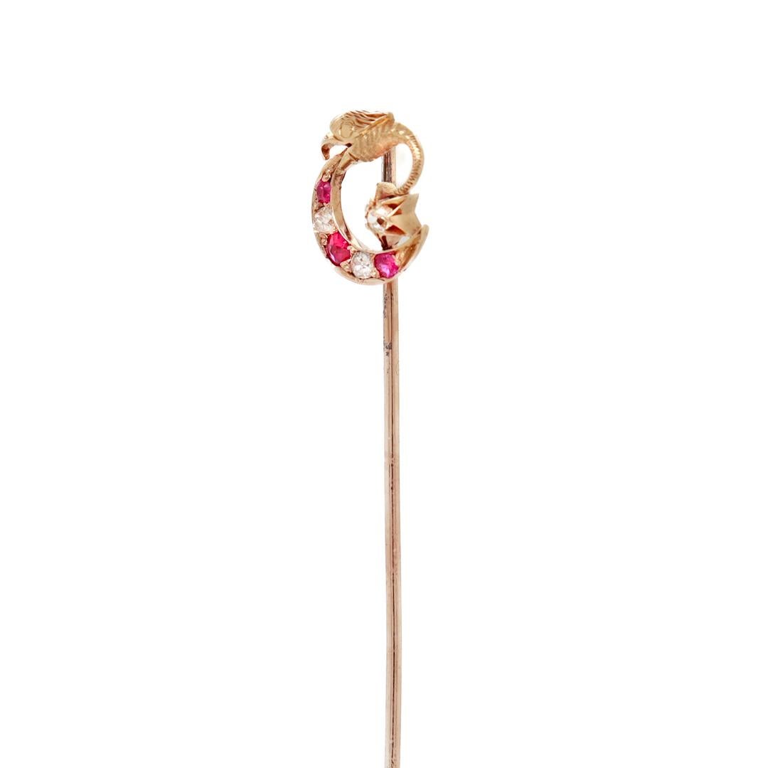 Women's or Men's Victorian 14k Gold, Diamond, and Red Spinel Moon & Dragon Stickpin For Sale