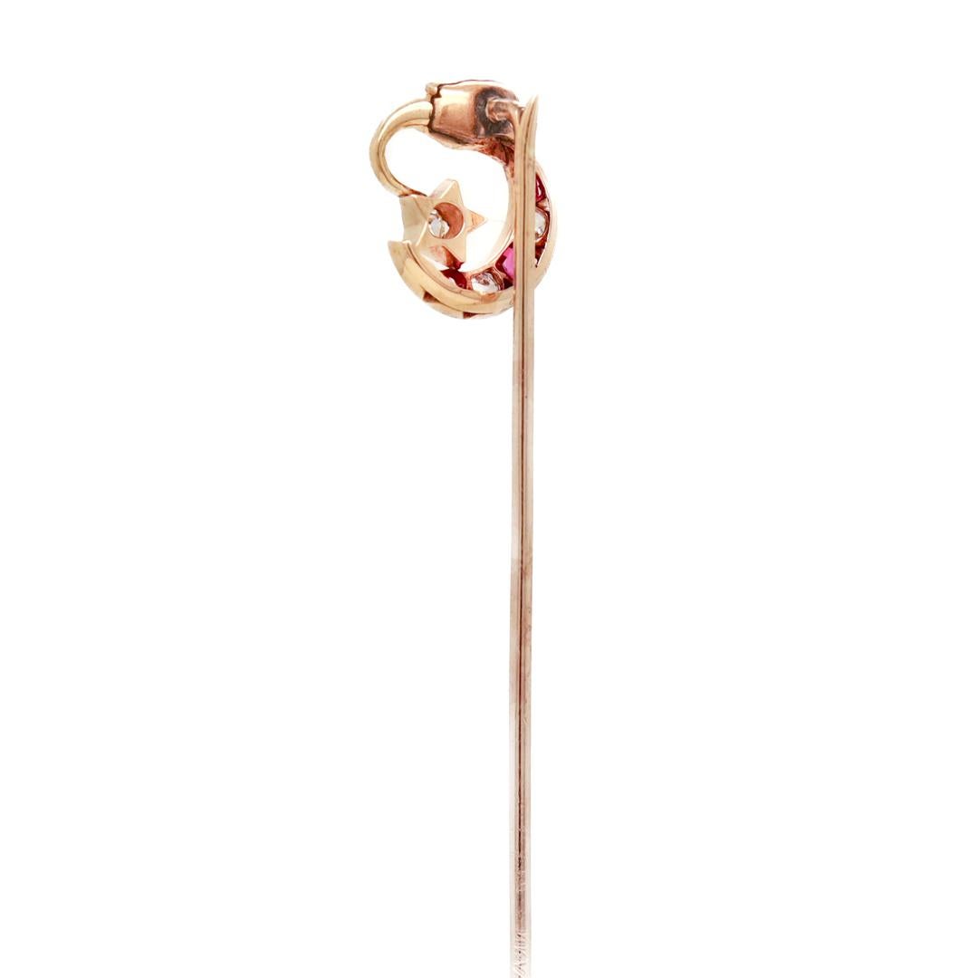 Victorian 14k Gold, Diamond, and Red Spinel Moon & Dragon Stickpin For Sale 2