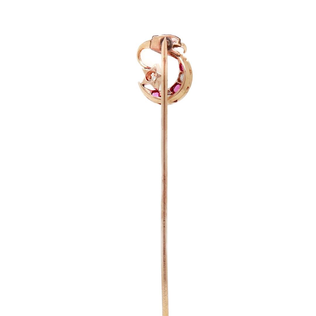 Victorian 14k Gold, Diamond, and Red Spinel Moon & Dragon Stickpin For Sale 3