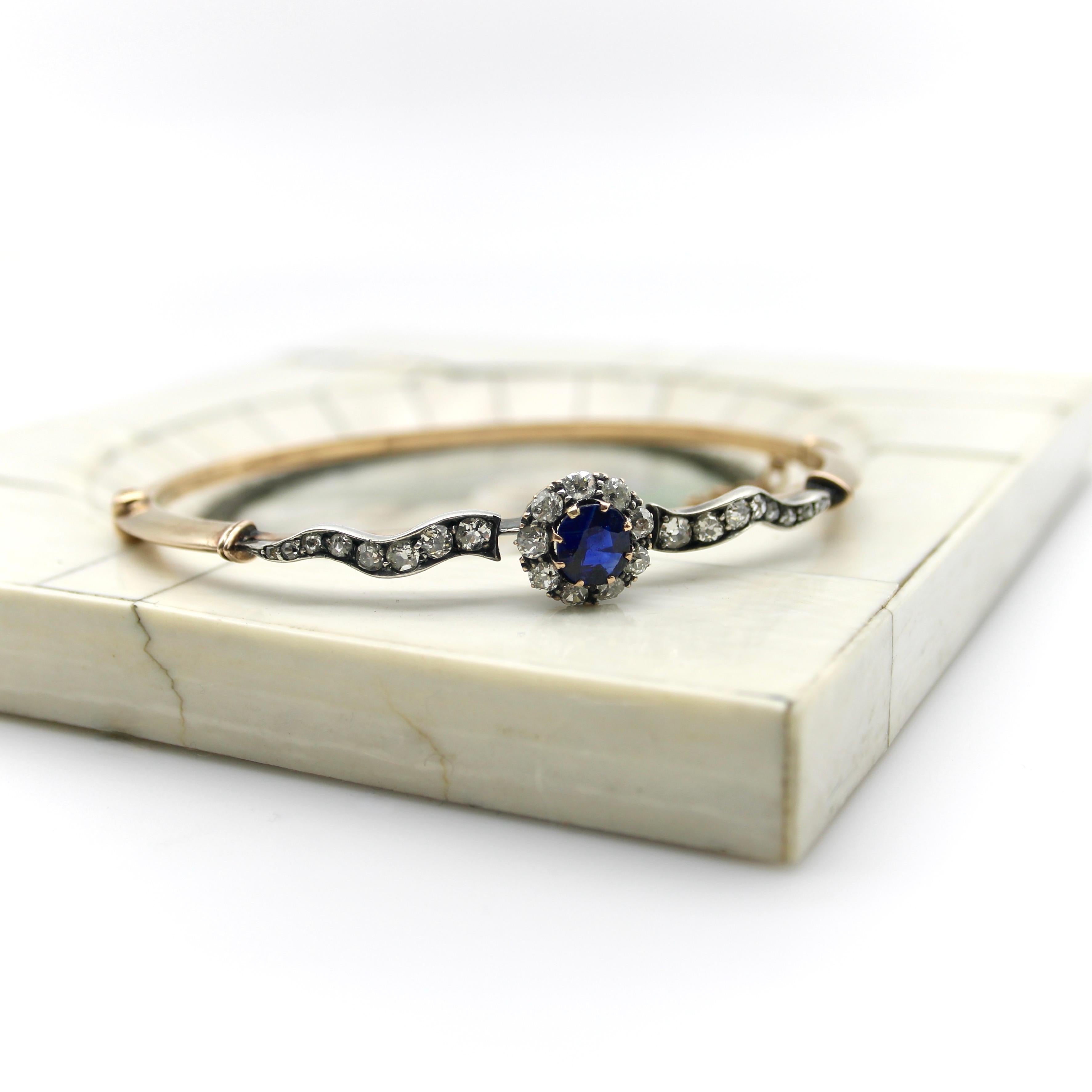 Old Mine Cut Victorian 14K Gold Diamond and Sapphire Silver Top Bracelet  For Sale