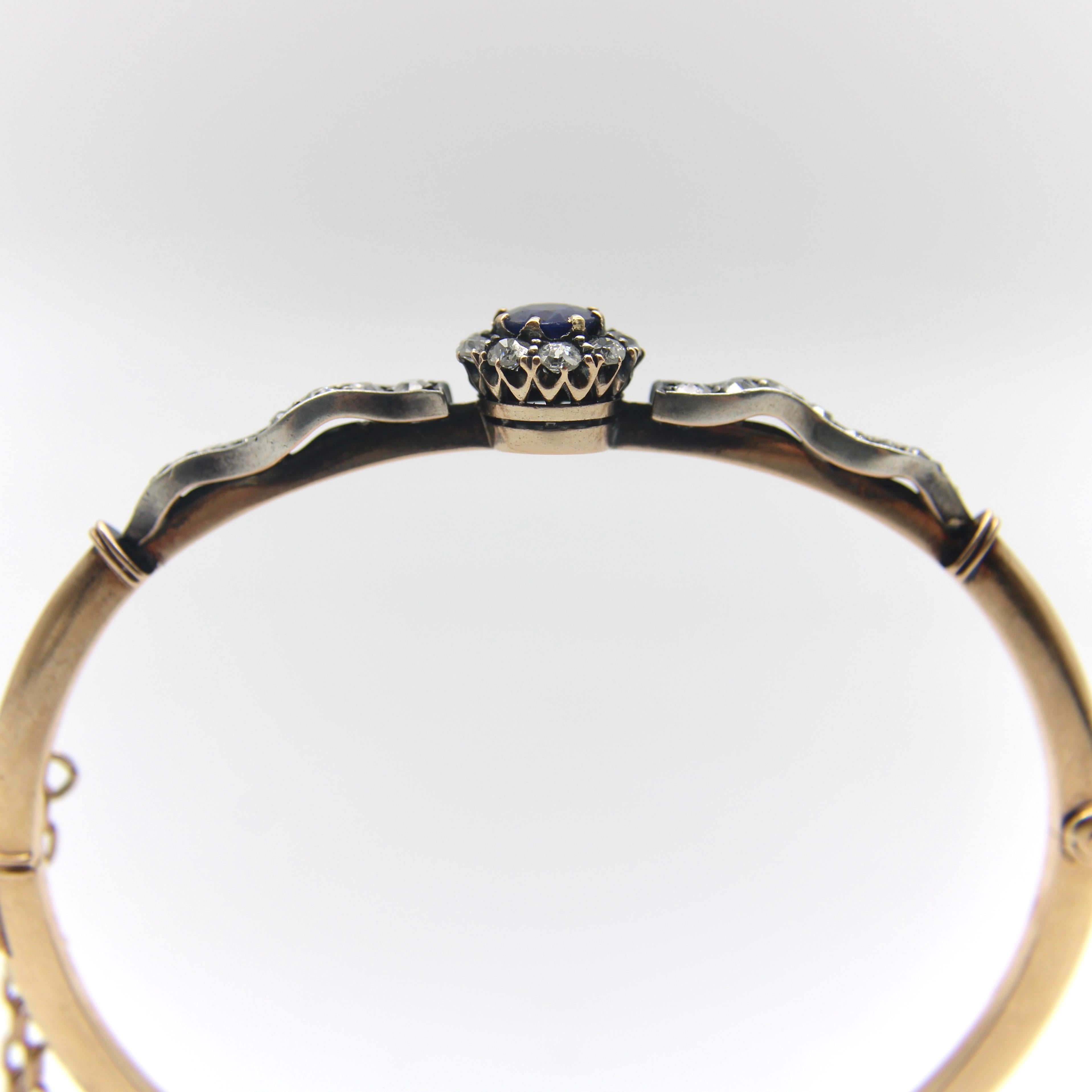 Victorian 14K Gold Diamond and Sapphire Silver Top Bracelet In Good Condition In Venice, CA