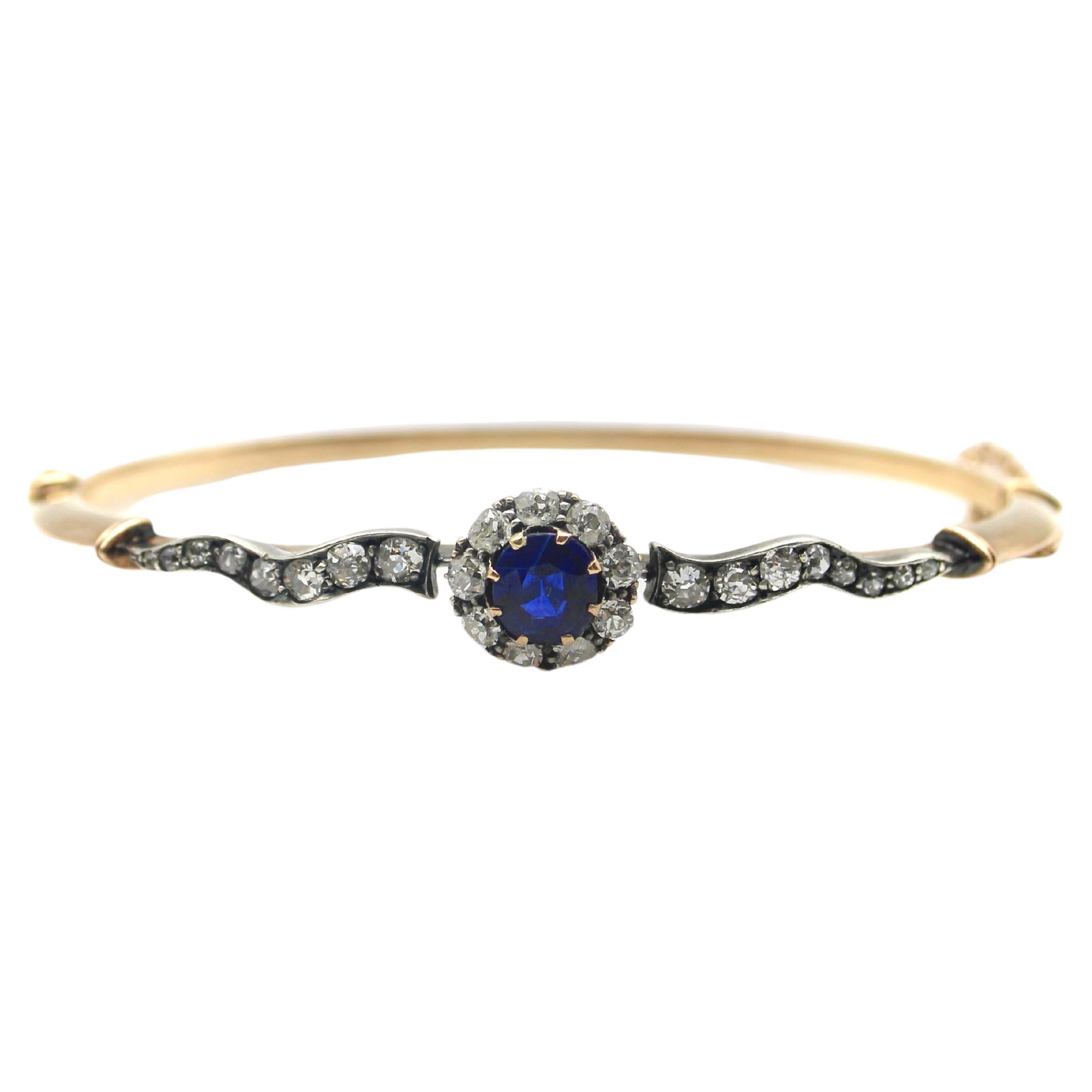 Victorian 14K Gold Diamond and Sapphire Silver Top Bracelet  For Sale