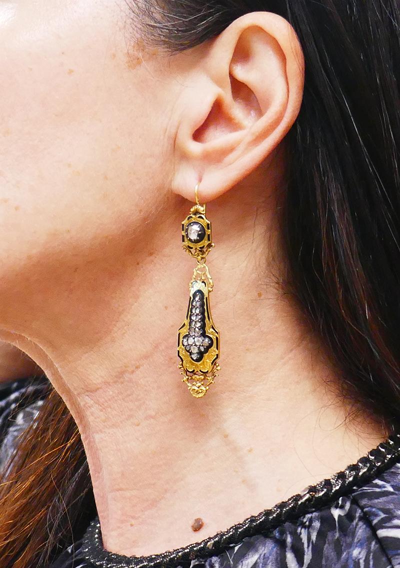 Victorian 14k Gold Diamond Dangle Earrings Antique 2
