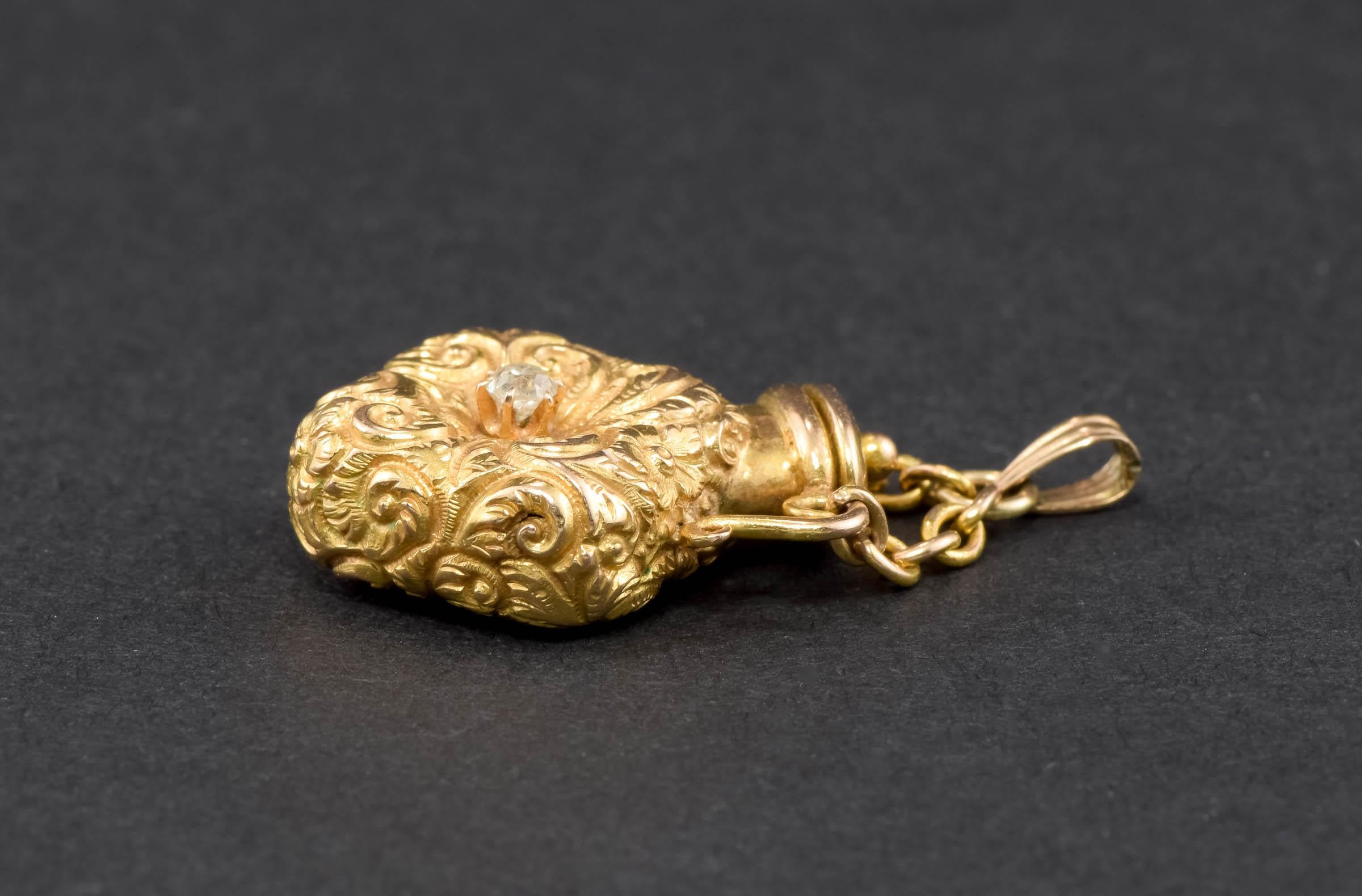 Victorian 14k Gold Diamond Scent Perfume Bottle Pendant In Good Condition In Danvers, MA