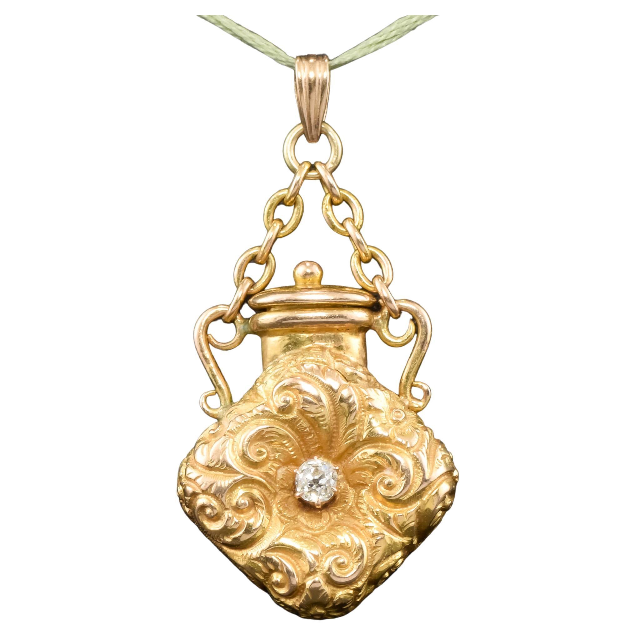 Victorian 14k Gold Diamond Scent Perfume Bottle Pendant