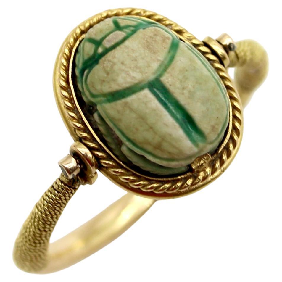 Viktorianischer 14K Gold Ägyptische Wiedergeburt Skarabäus-Drehring im Angebot