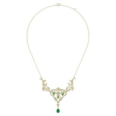 Victorian 14K Gold Emerald 
Pearl Floral Pendant Necklace, 4.85ct