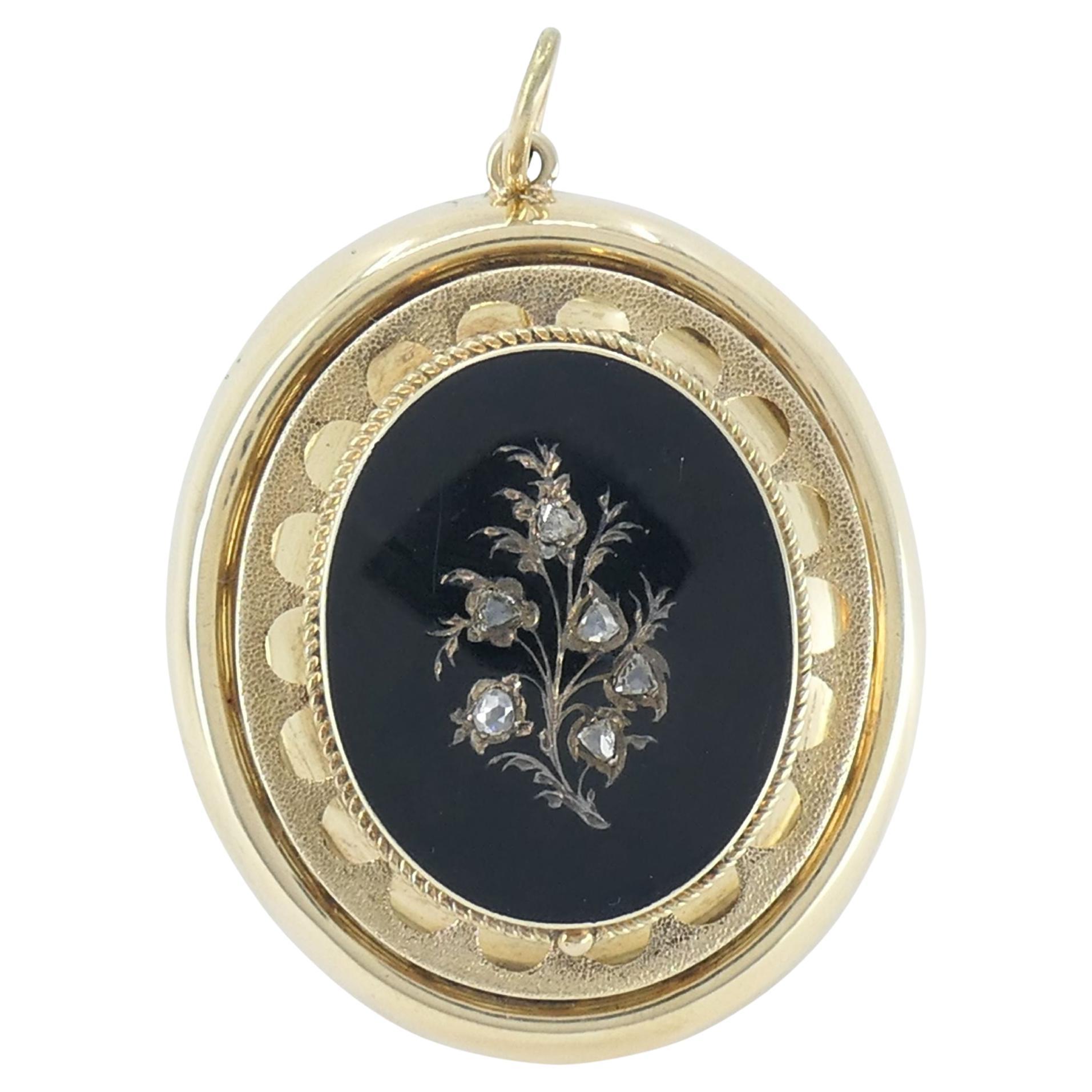 Victorian 14k Gold Enamel Rose Cut Diamond Pendant