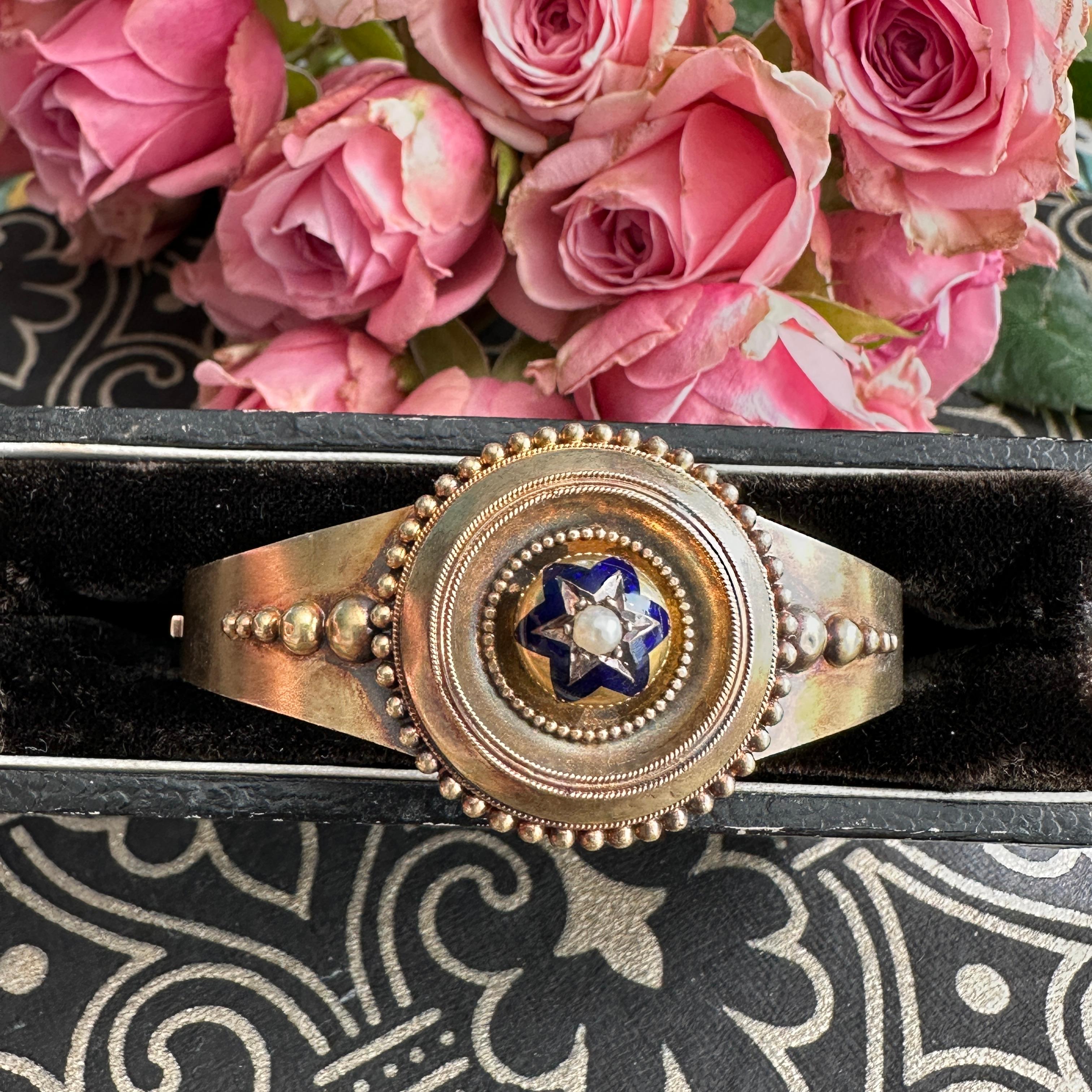 Pulsera victoriana de oro de 14 quilates con estrella esmaltada en venta 2