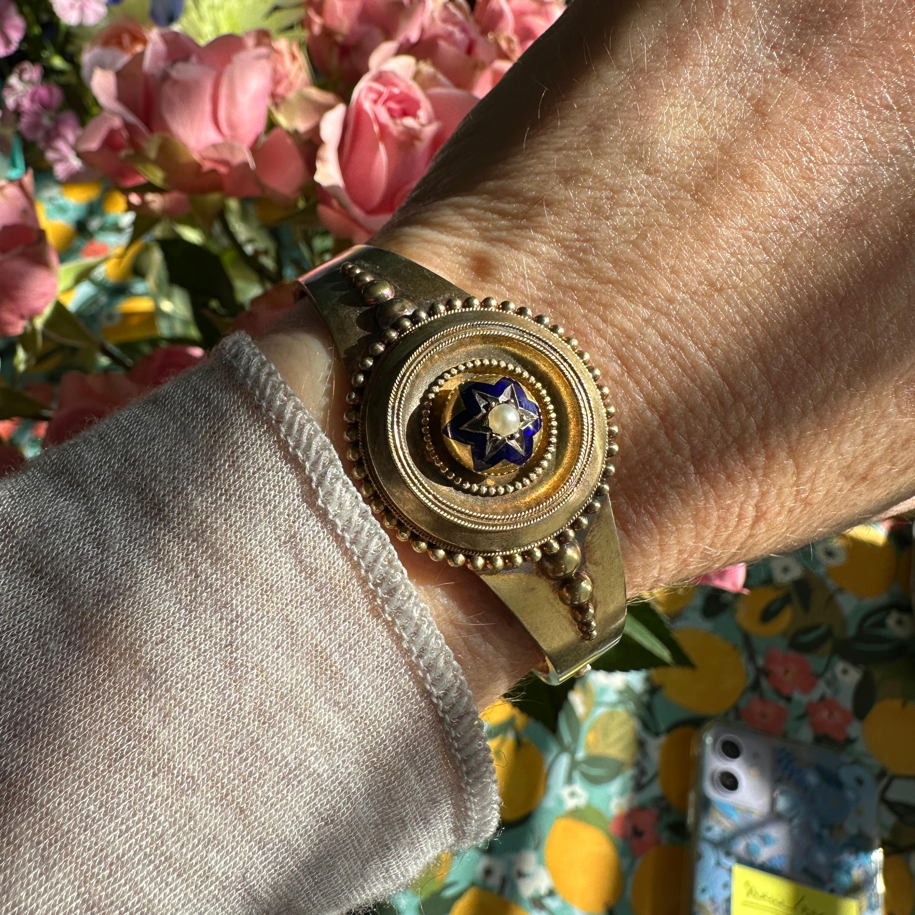 Pulsera victoriana de oro de 14 quilates con estrella esmaltada en venta 3