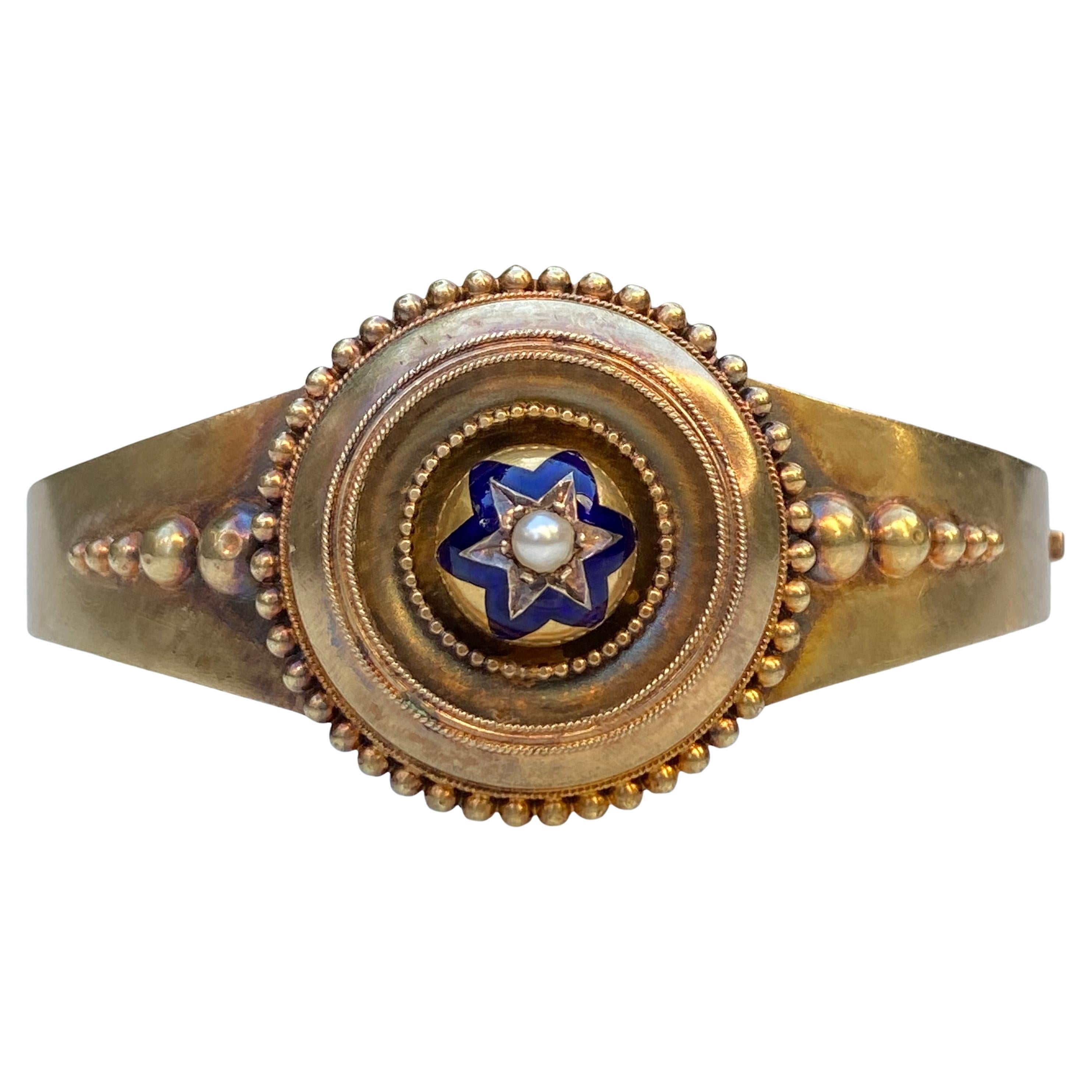 Victorian 14K Gold Enamel Star Bangle Bracelet