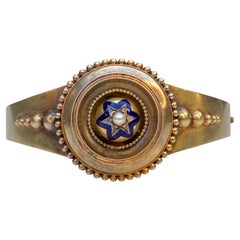 Victorian 14K Gold Enamel Star Bangle Bracelet