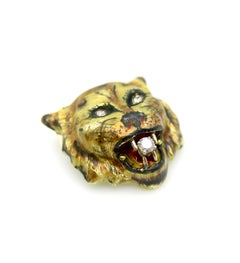 Victorian 14K Gold Enameled Tiger Pendant with Diamonds