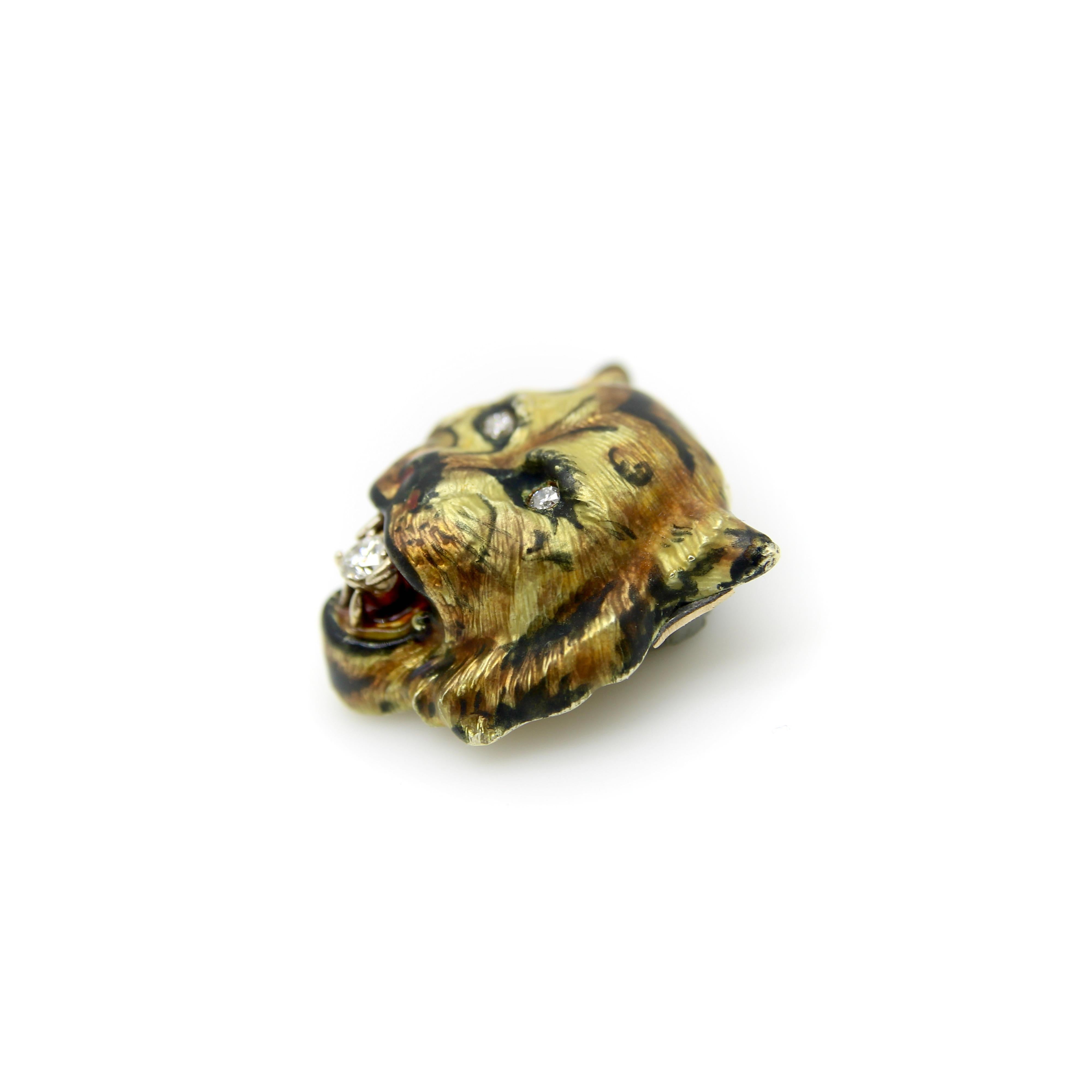 Round Cut Victorian 14K Gold Enameled Tiger Pendant with Diamonds For Sale