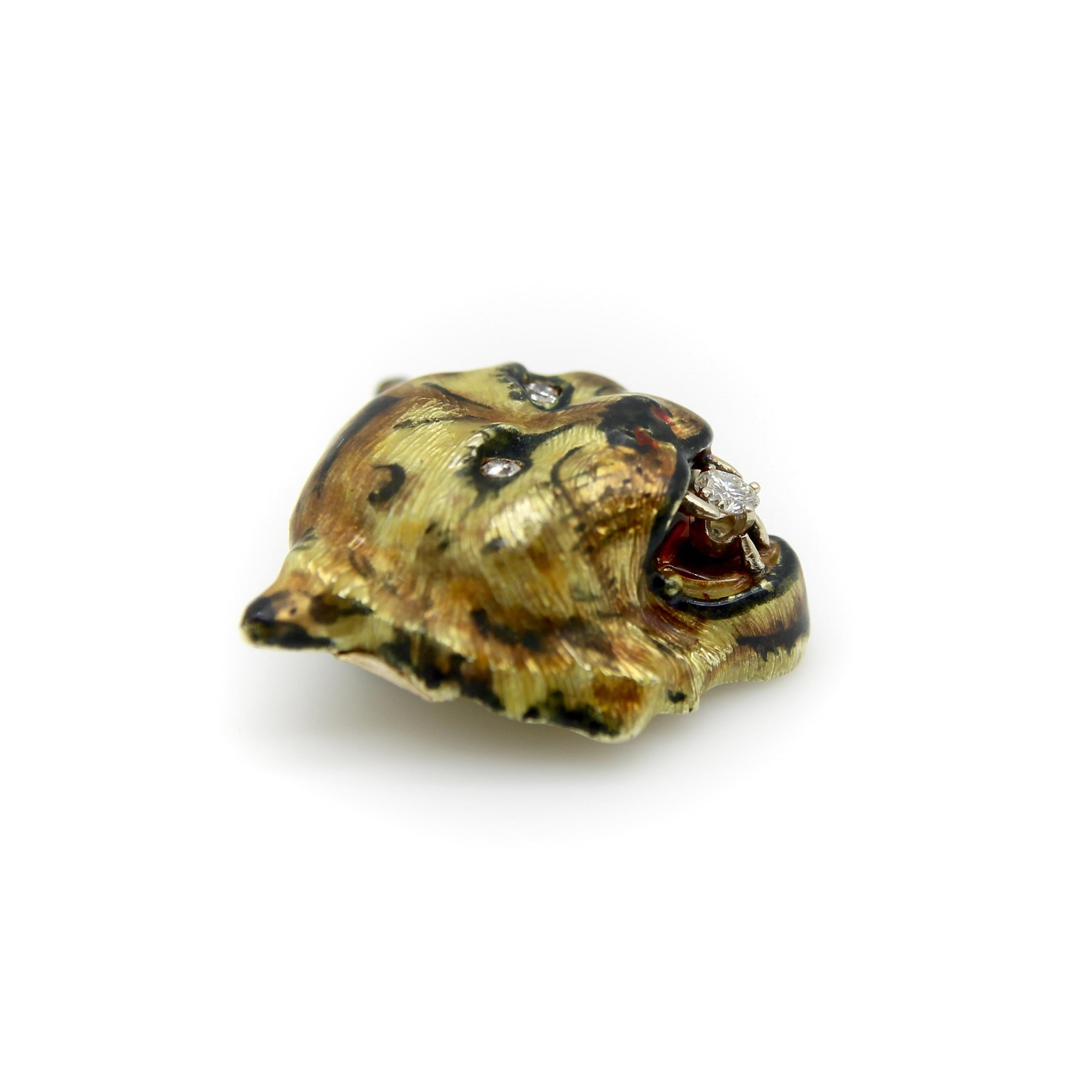 Victorian 14K Gold Enameled Tiger Pendant with Diamonds In Good Condition For Sale In Venice, CA