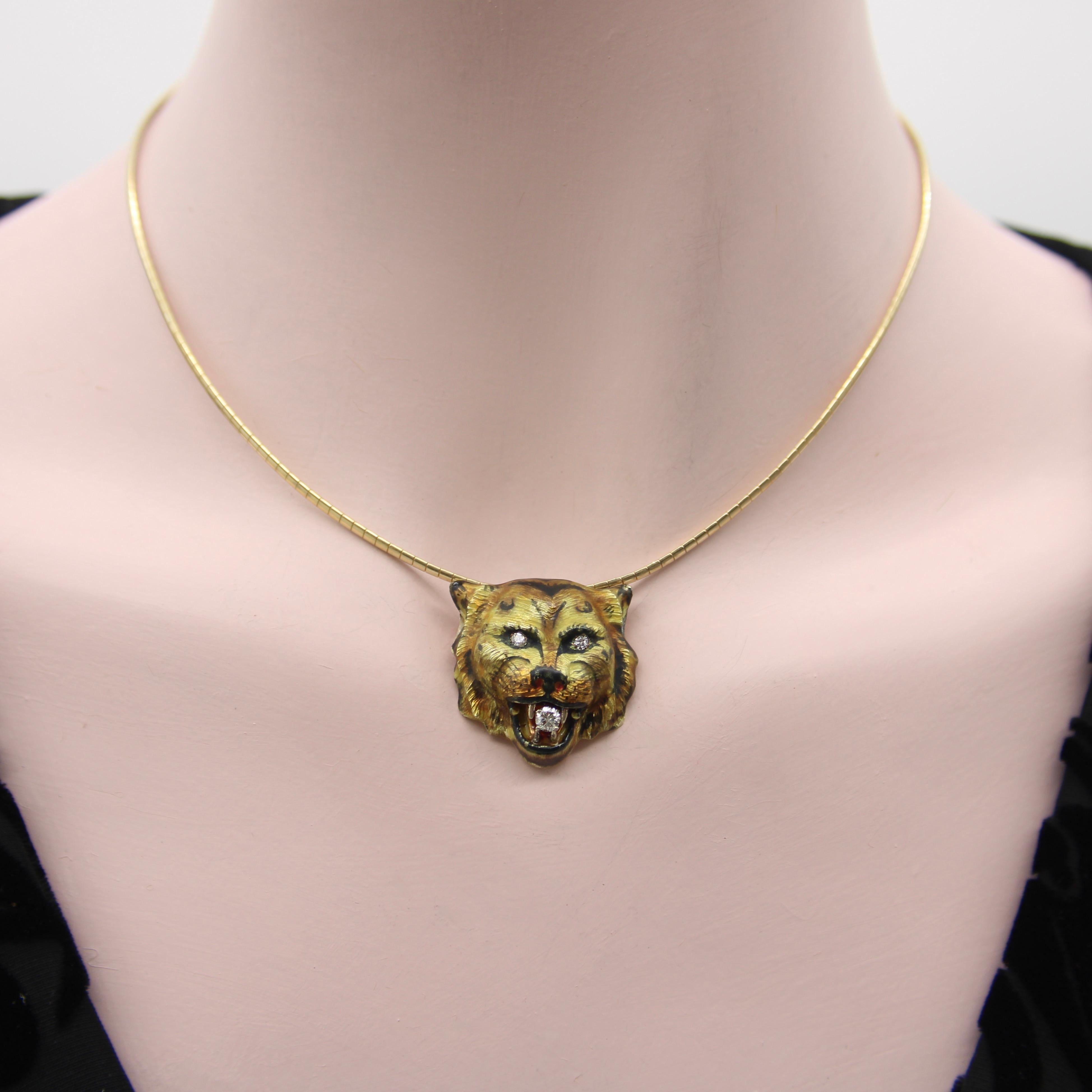 Victorian 14K Gold Enameled Tiger Pendant with Diamonds For Sale 1