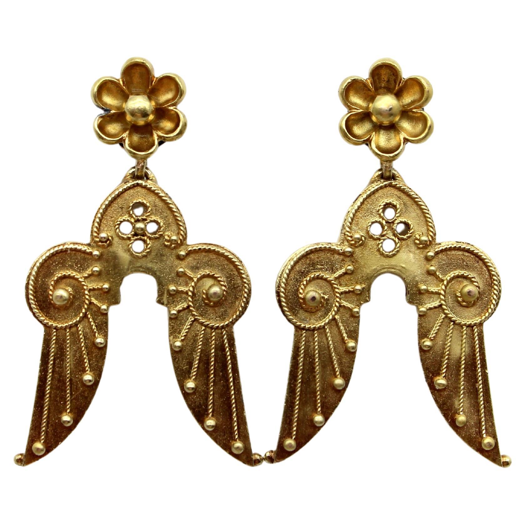 Victorian 14K Gold Etruscan Revival Angel Wing Earrings